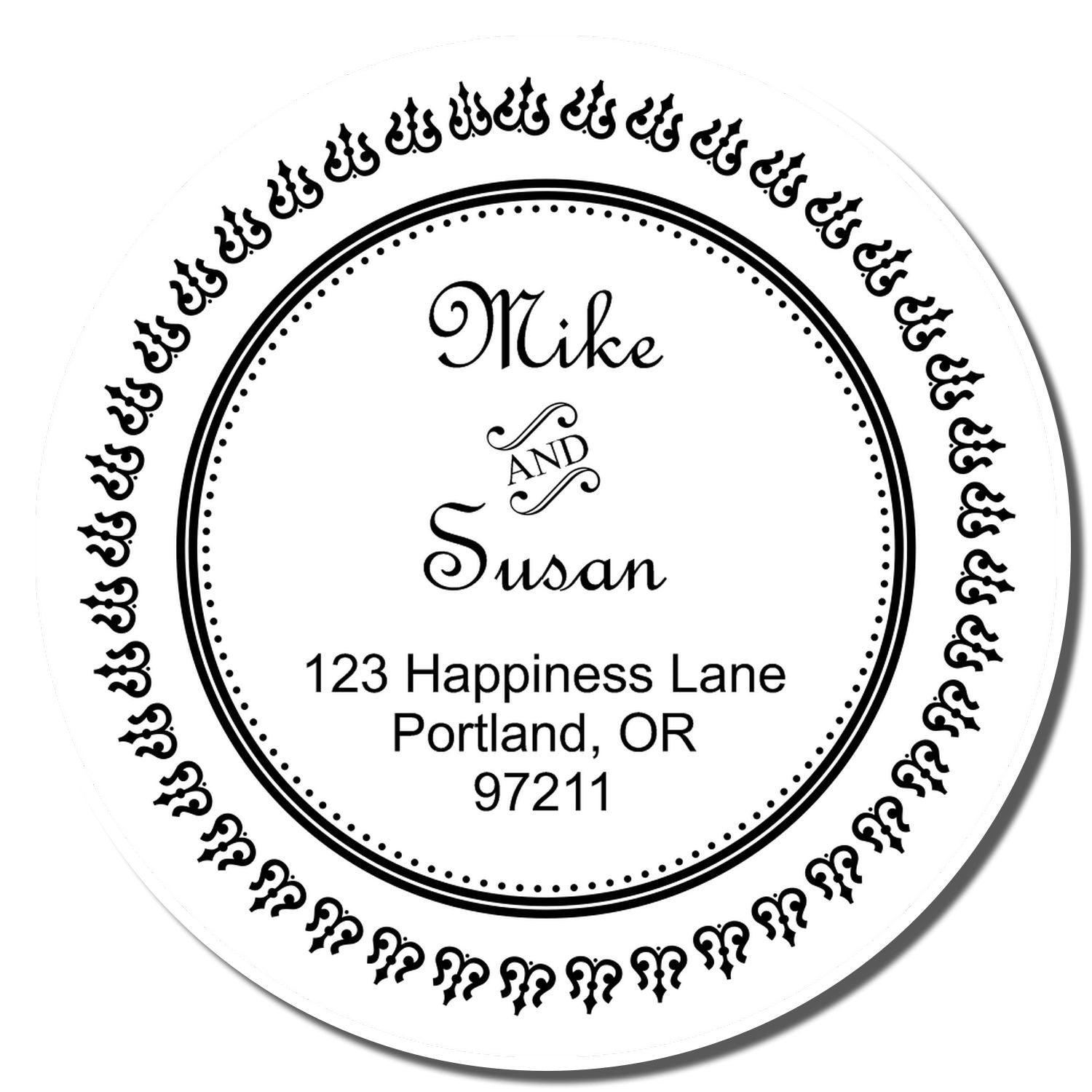 Custom round rubber address stamp for Mike and Susan, with decorative border and Portland, OR 97211 return address.