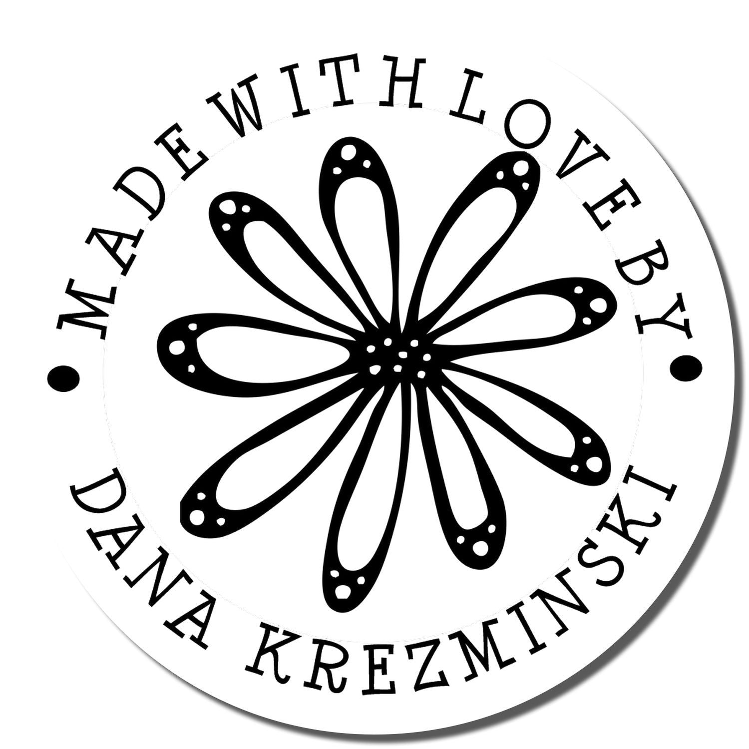 Custom rubber stamp logo with flower design and text Made with Love by Dana Krezminski for handmade branding.