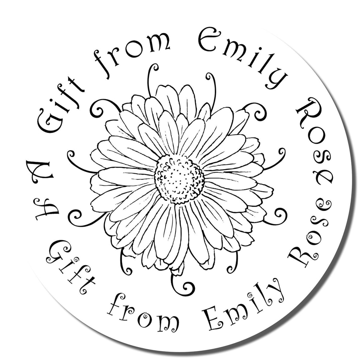 Personalized rubber stamp design with floral emblem and A Gift from Emily Rose text for handmade gift packaging.