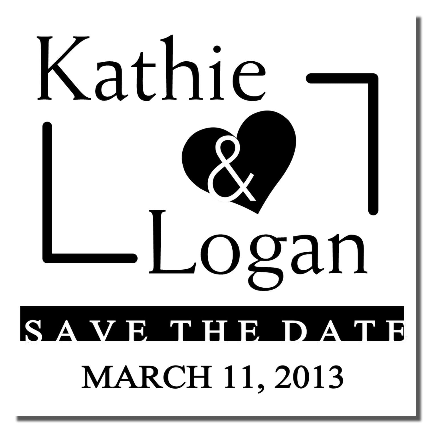 Custom wedding rubber stamp save the date for Kathie and Logan with heart ampersand and March 11, 2013 date.