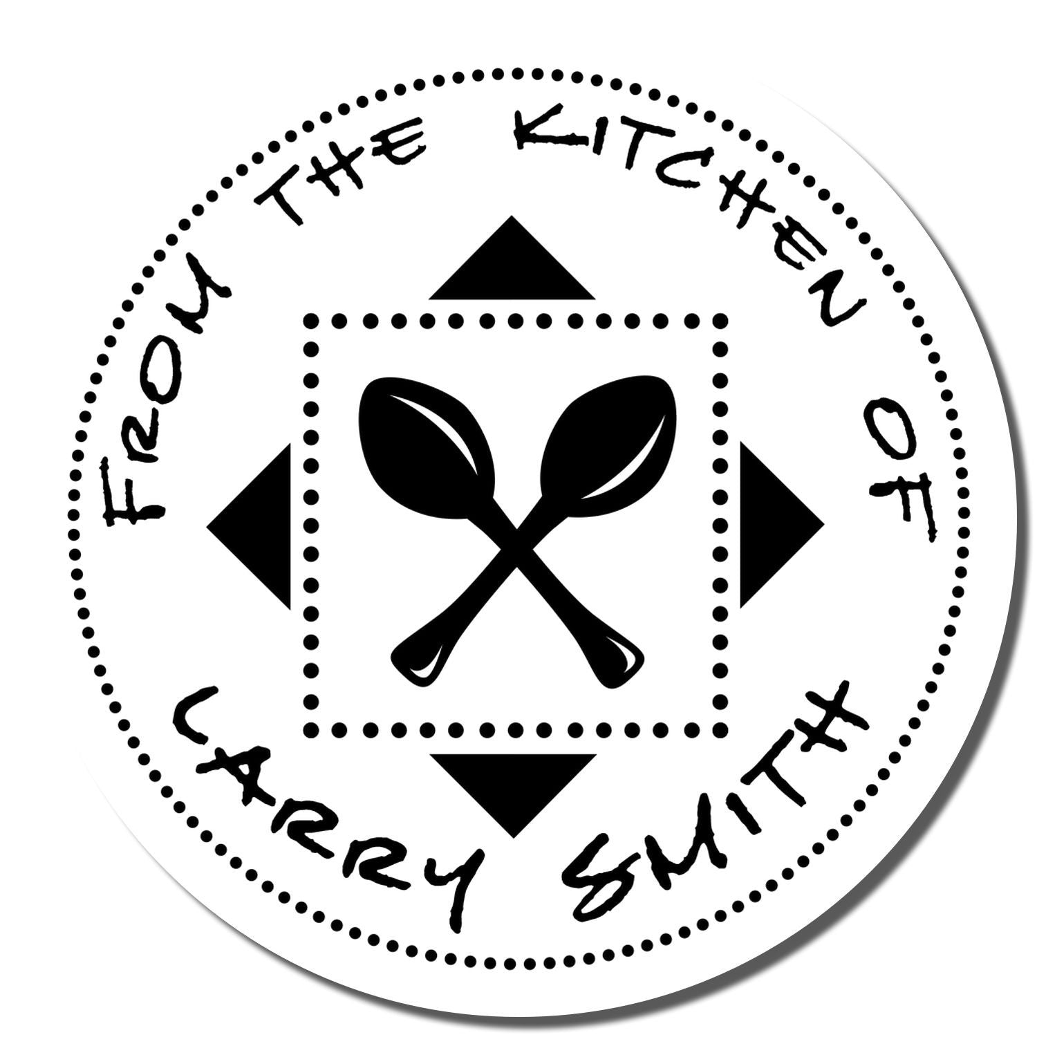 Personalized rubber stamp for From the Kitchen of Cary Smith with utensil icon, ideal for homemade recipe packaging.
