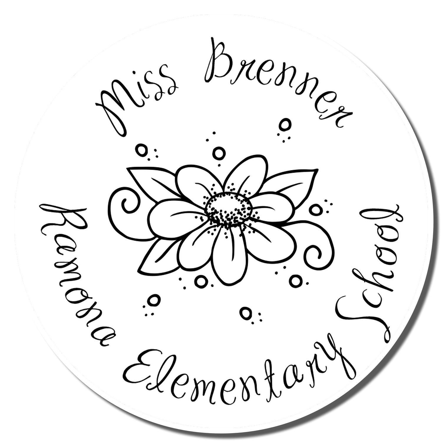 Round Miss Brenner elementary school rubber stamp with floral design for teacher paperwork, classroom labels, and grading.