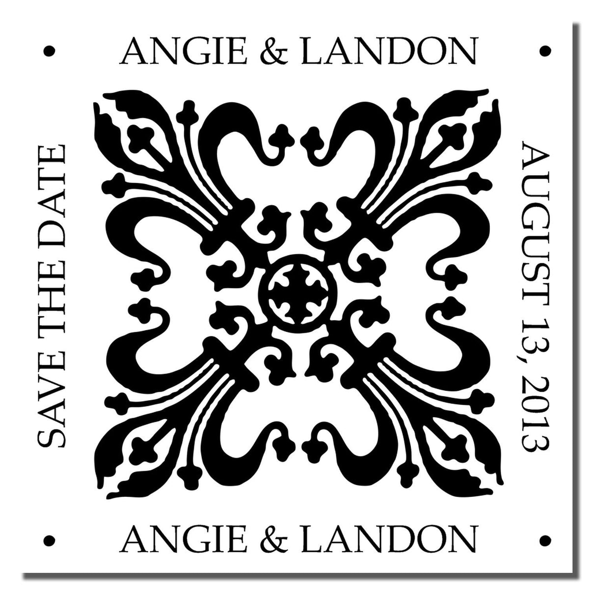Custom wedding rubber stamp with Angie & Landon names, August 13, 2013 date, and ornate floral monogram design.