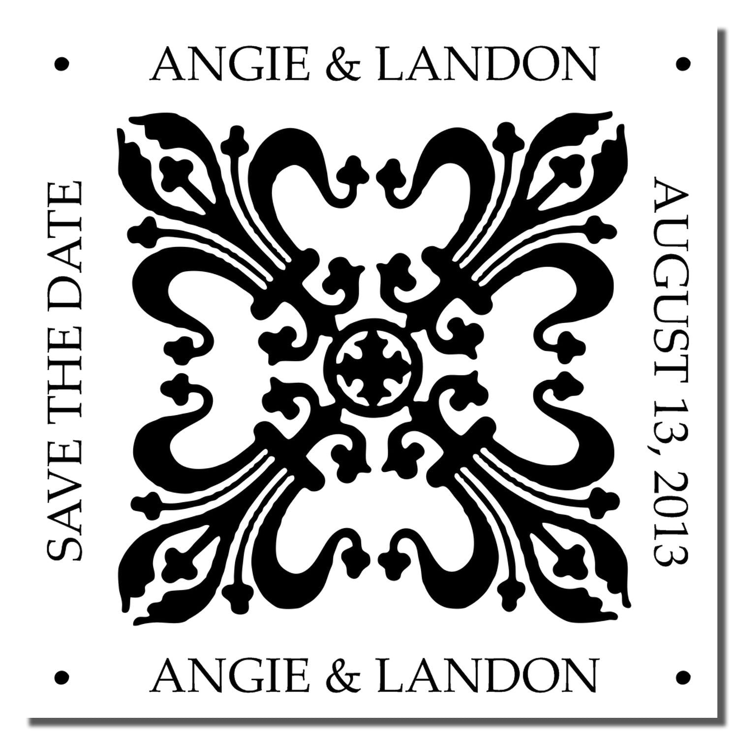 Custom wedding save the date rubber stamp with ornate monogram, Angie and Landon names, and August 13, 2013 date.