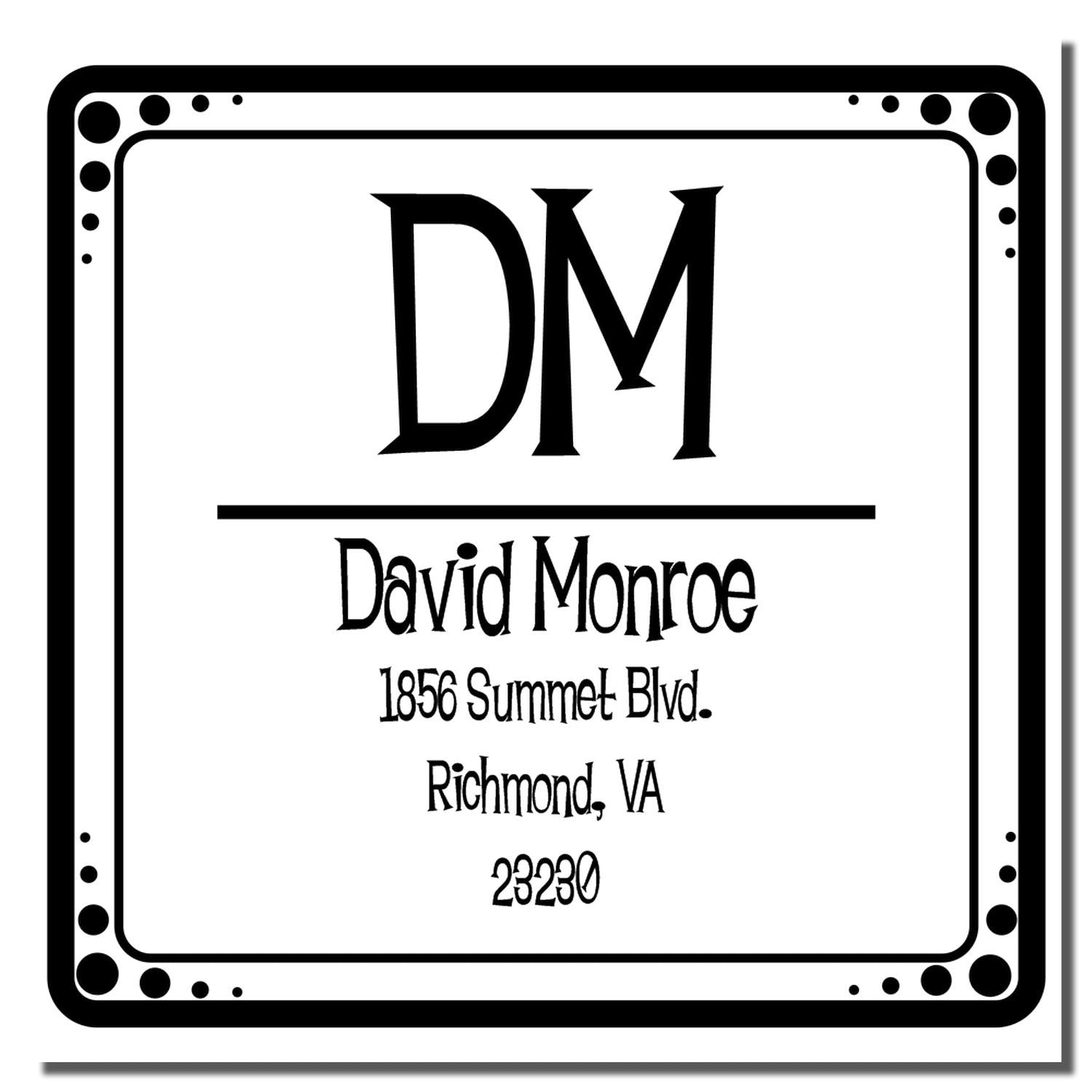 Custom monogram rubber stamp with DM initials and David Monroe address, Richmond, VA 23230.