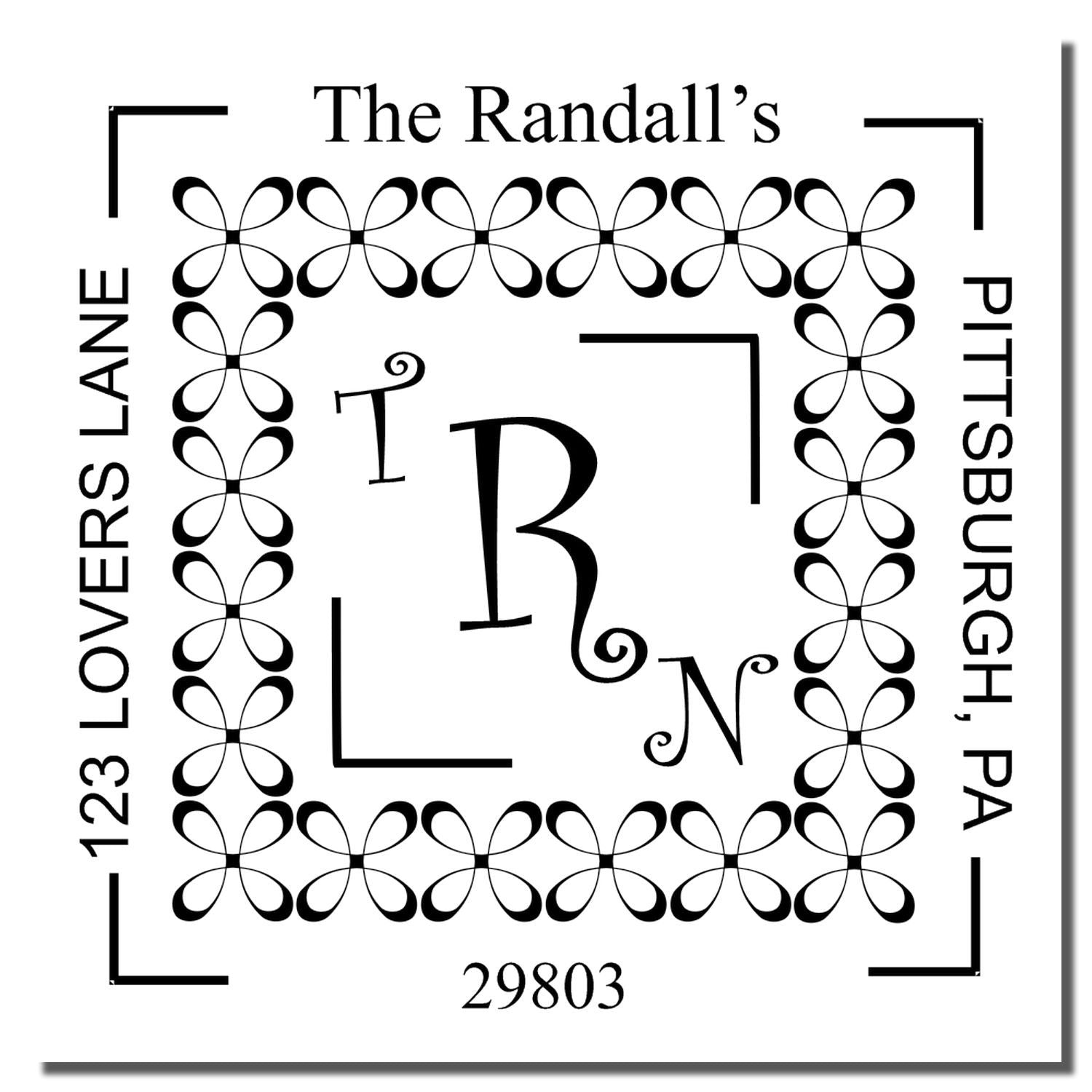 Custom return address rubber stamp with monogram R and floral border for The Randall's, Lovers Lane, Pittsburgh, PA 29803.