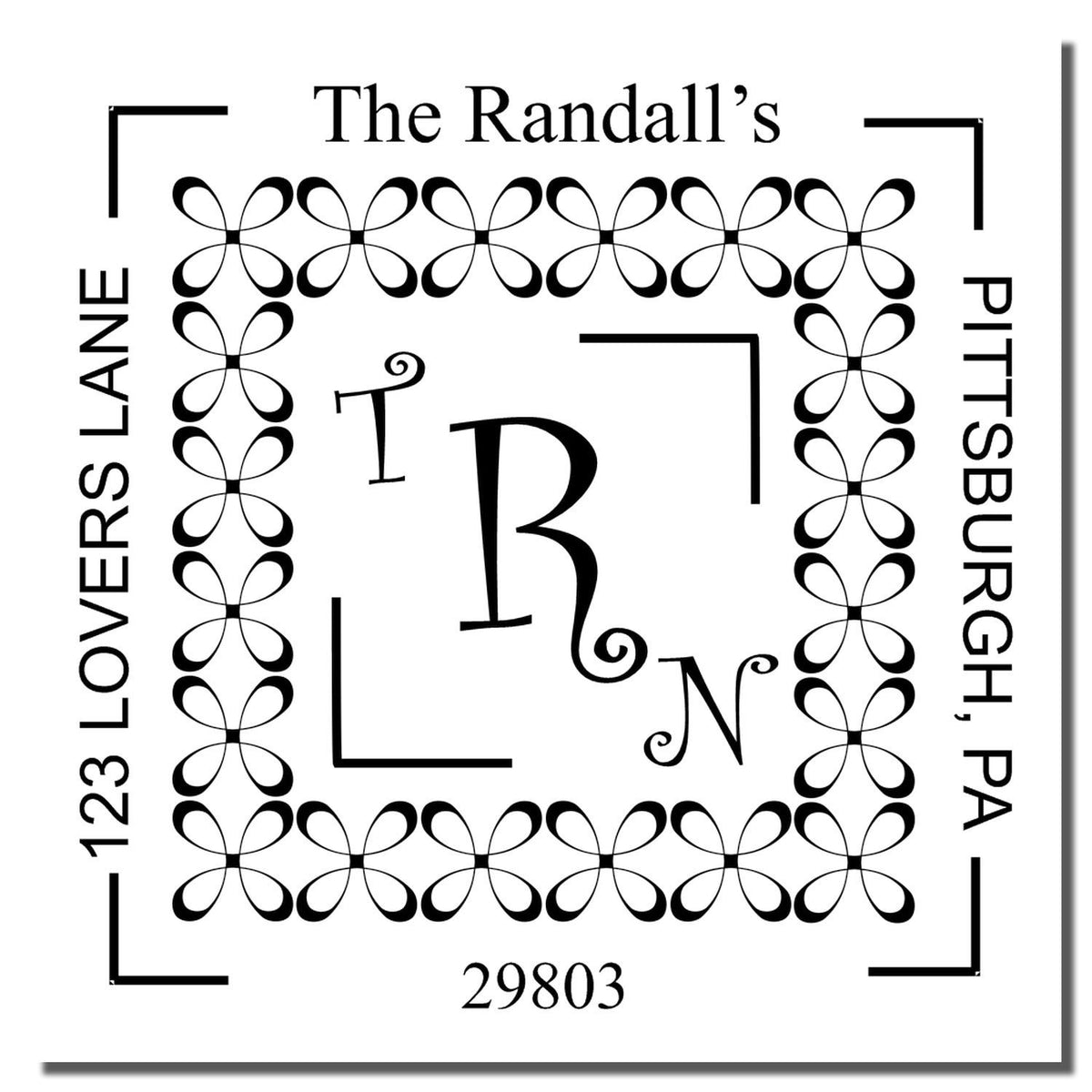 Vintage monogram BN pattern card with ornate border, The Randalls text and pattern number 29803 for crafts