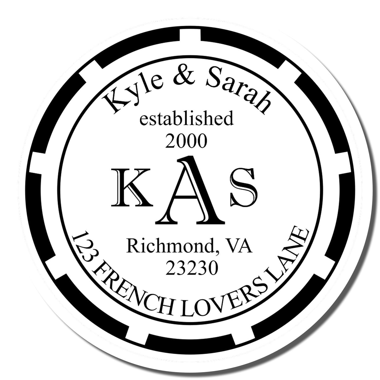 Personalized circular return address rubber stamp for Kyle & Sarah, established 2000, Richmond, VA 23230.