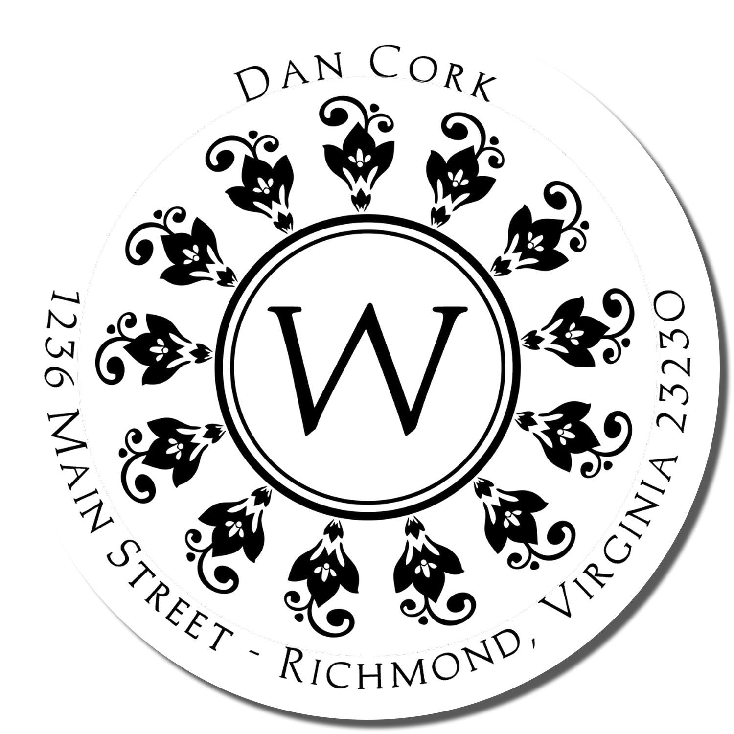 Custom floral monogram rubber address stamp with W for Dan Cork, Richmond, Virginia.