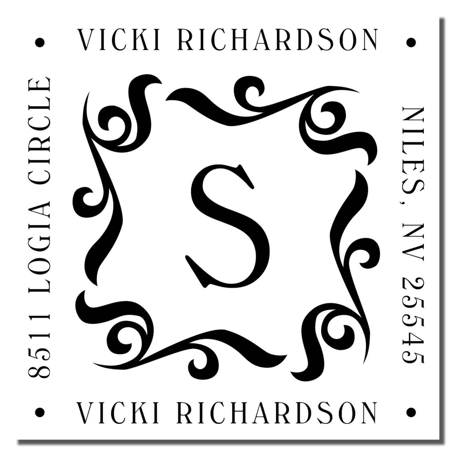Vicki Richardson typographic poster with ornamental monogram and vertical lettering, black-and-white graphic branding logo cover.