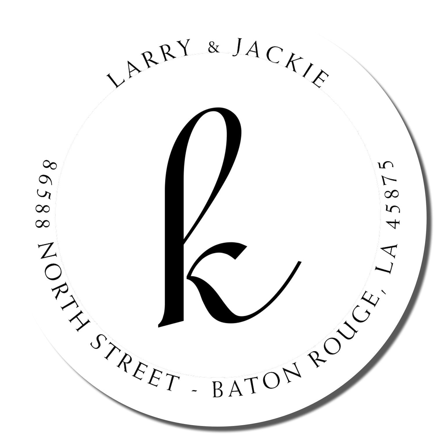 Circular logo stamp reading Larry & Jackie, with number ring and Baton Rouge street text in black.