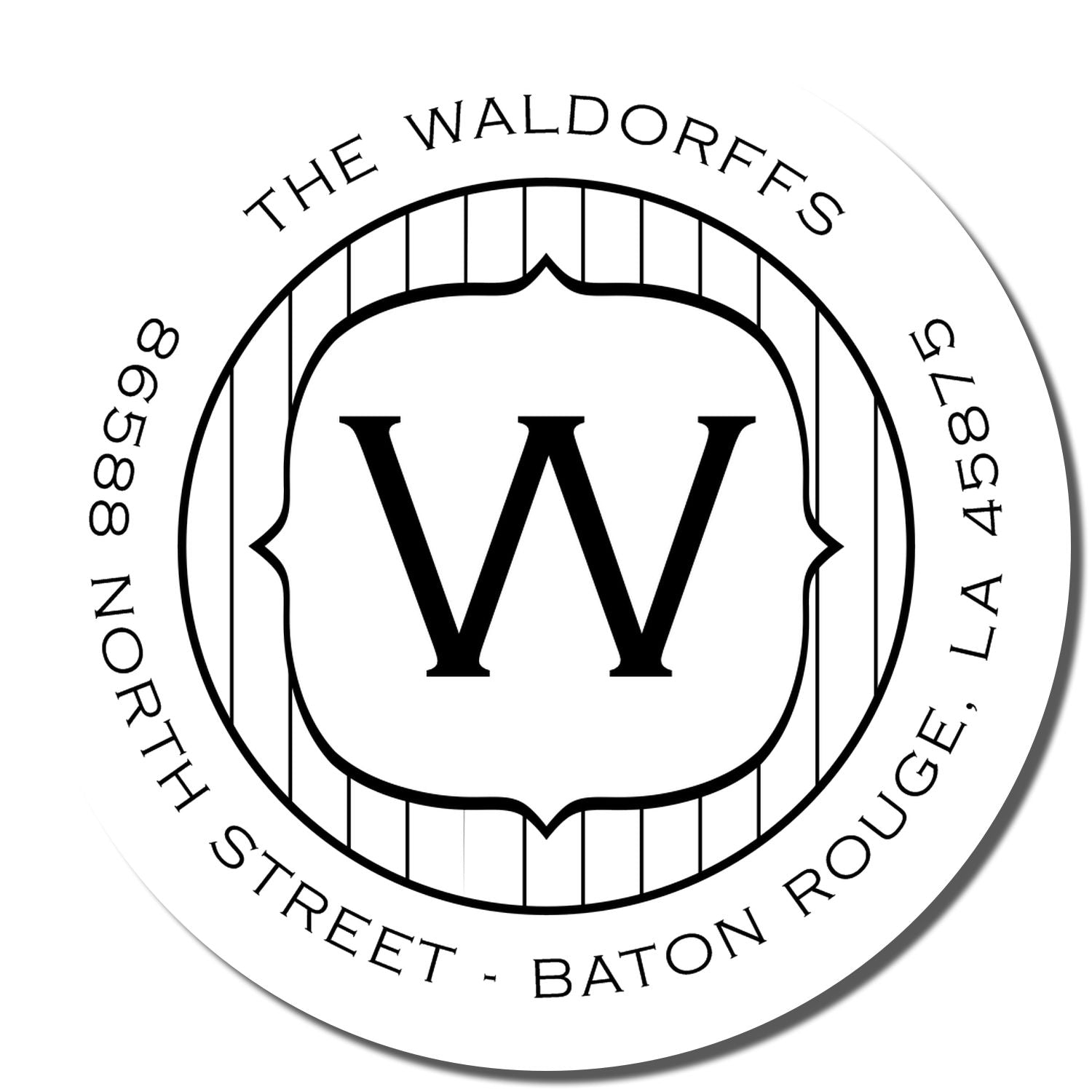 Custom family return address rubber stamp with monogram W for The Waldorffs, 8658 North Street, Baton Rouge, LA.