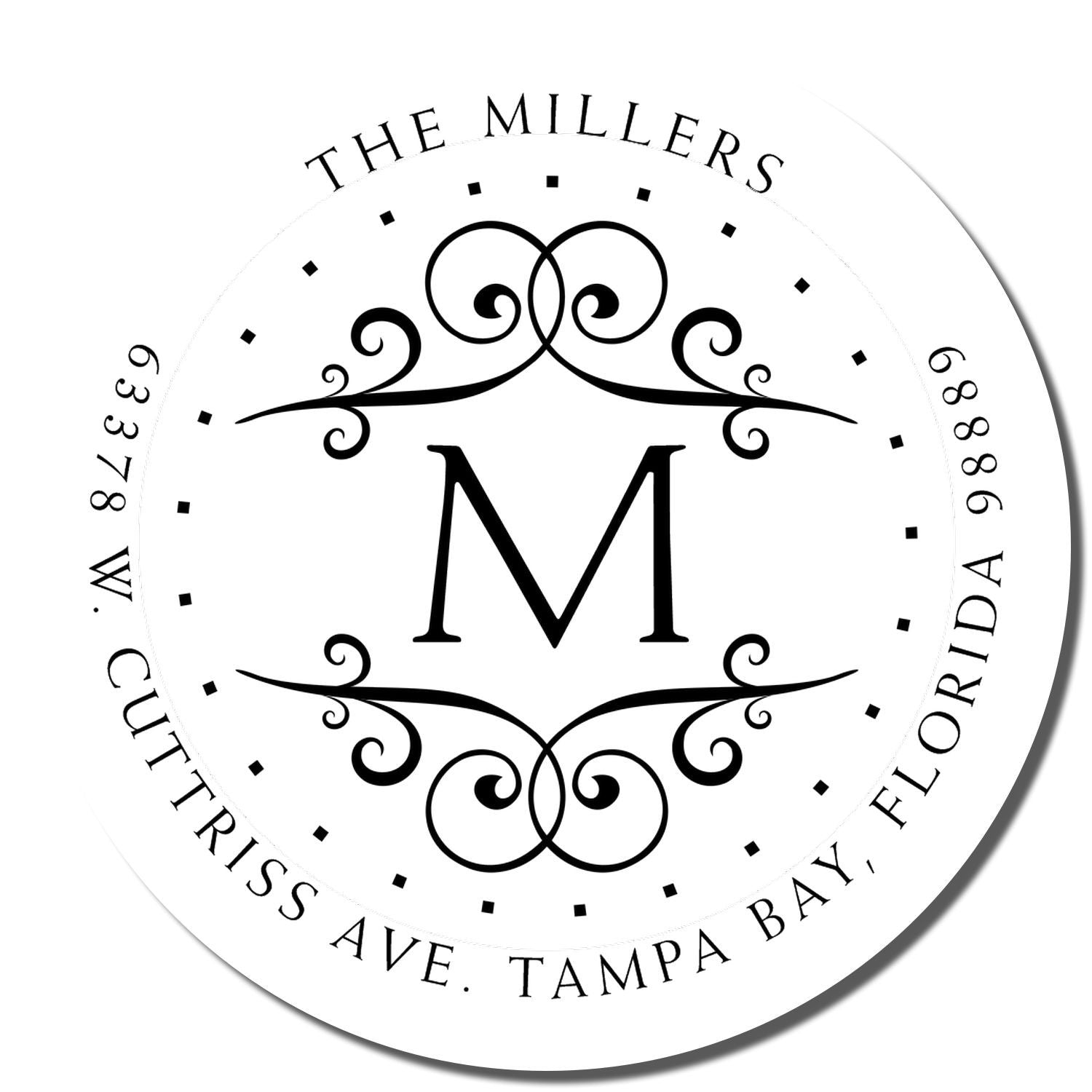 Custom family return address rubber stamp with decorative monogram M, The Millers name, and Tampa Bay, Florida address.