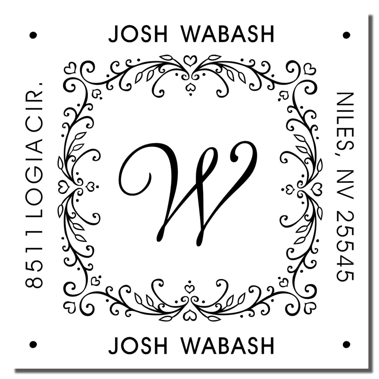 Custom return address rubber stamp with ornate monogram W, personalized for Josh Wabash