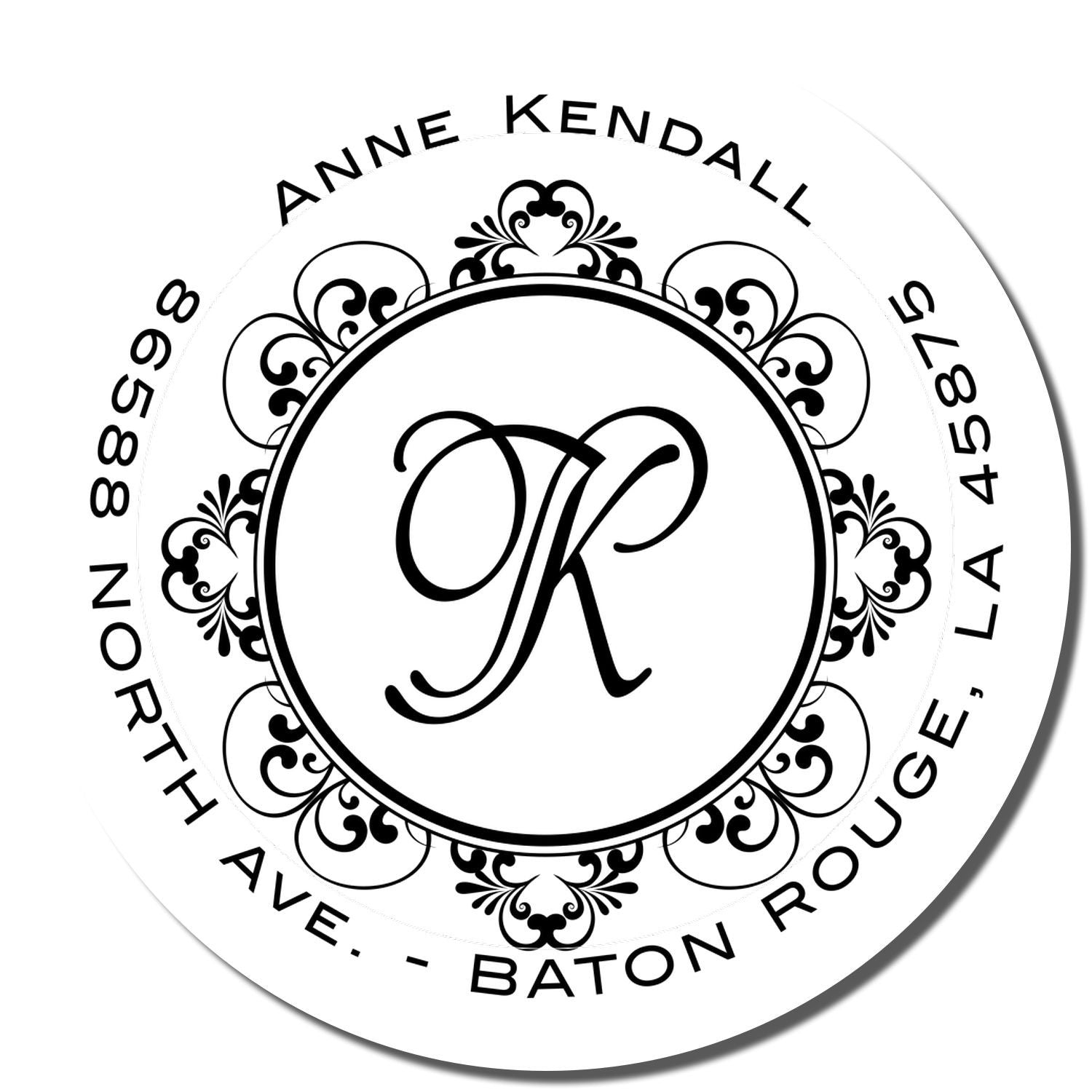 Personalized monogram rubber stamp for Anne Kendall with ornate K and Baton Rouge, LA address.