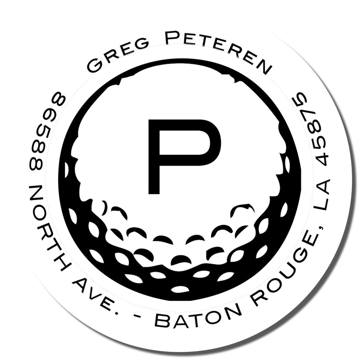 Custom round rubber address stamp for Greg Peteren, Baton Rouge, LA, with monogram P and North Ave. mailing details.