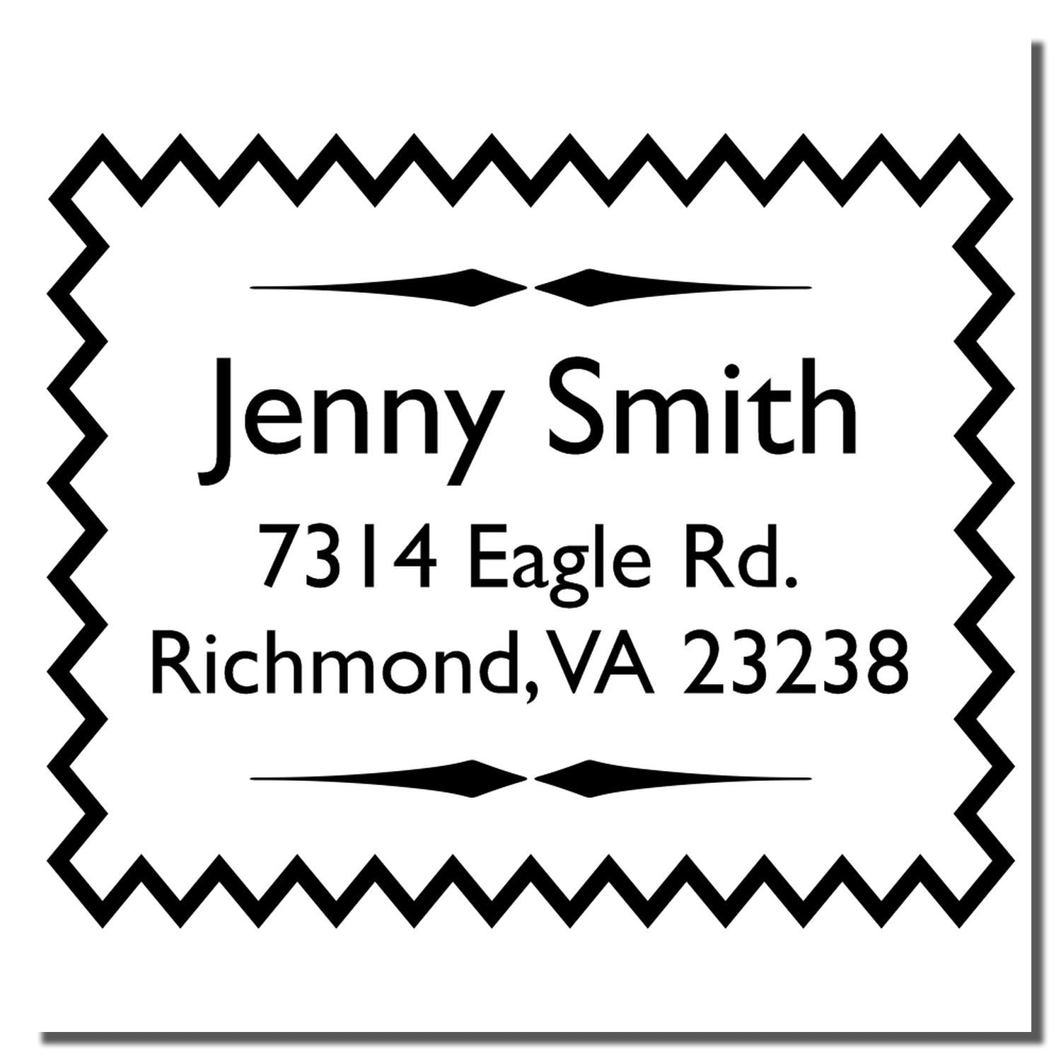 Personalized address rubber stamp for Jenny Smith, 7314 Eagle Rd., Richmond, VA 23238 with decorative zigzag border.
