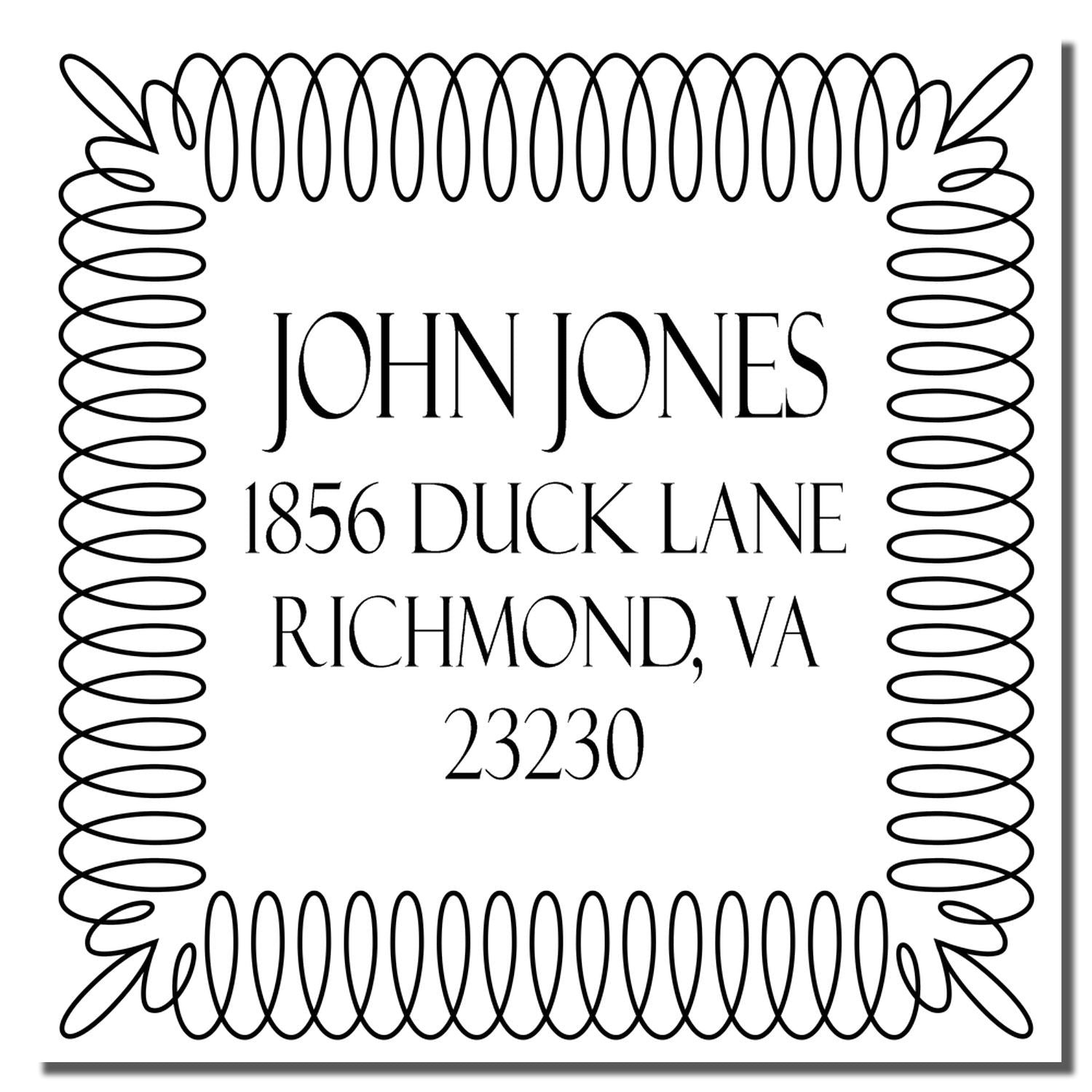 Custom return address rubber stamp with decorative frame, personalized for John Jones, 1856 Duck Lane, Richmond, VA 23230.