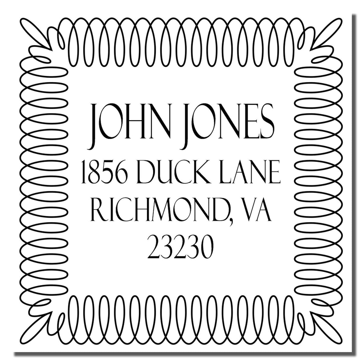 Personalized return address rubber stamp with decorative border for John Jones, 1856 Duck Lane, Richmond, VA 23230.