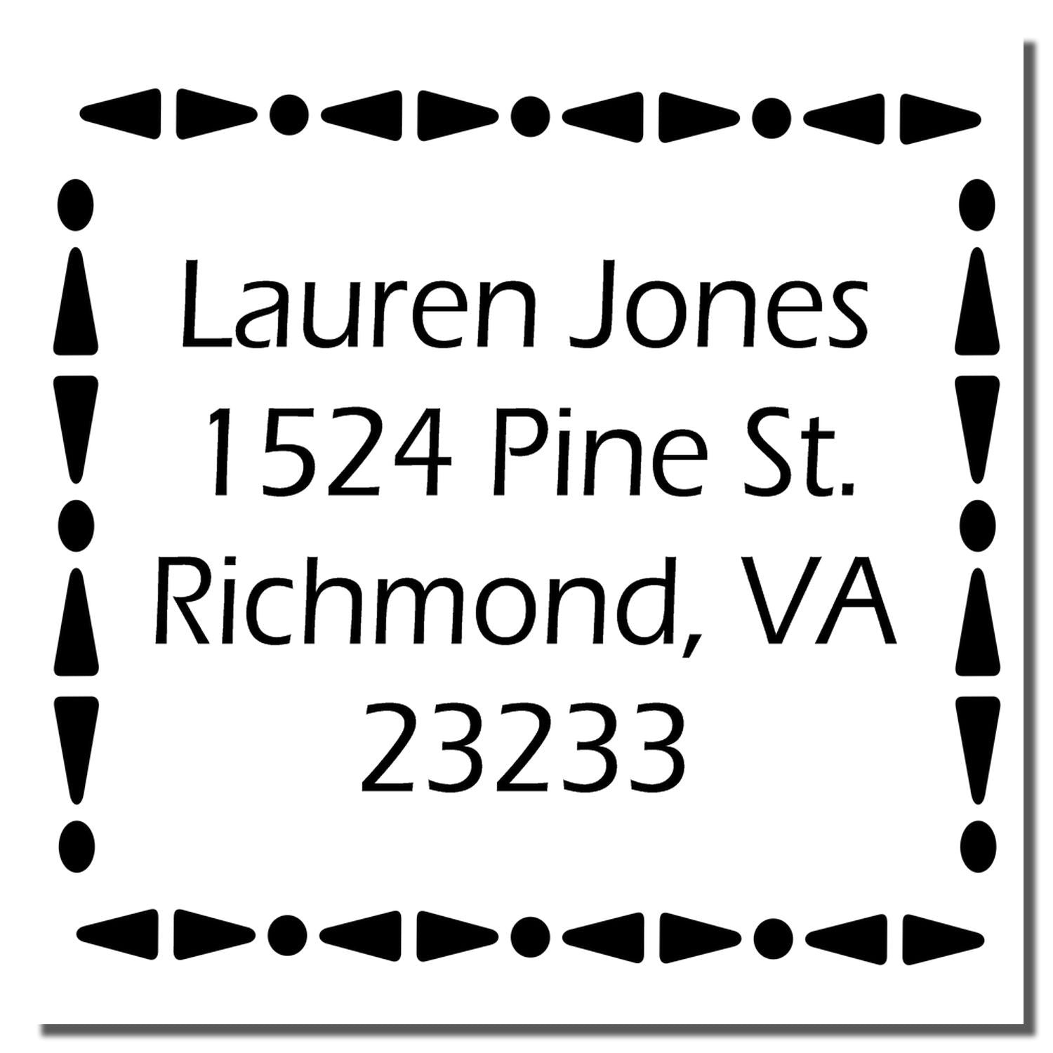 Custom return address rubber stamp with decorative border for Lauren Jones, 1524 Pine St., Richmond, VA 23233.