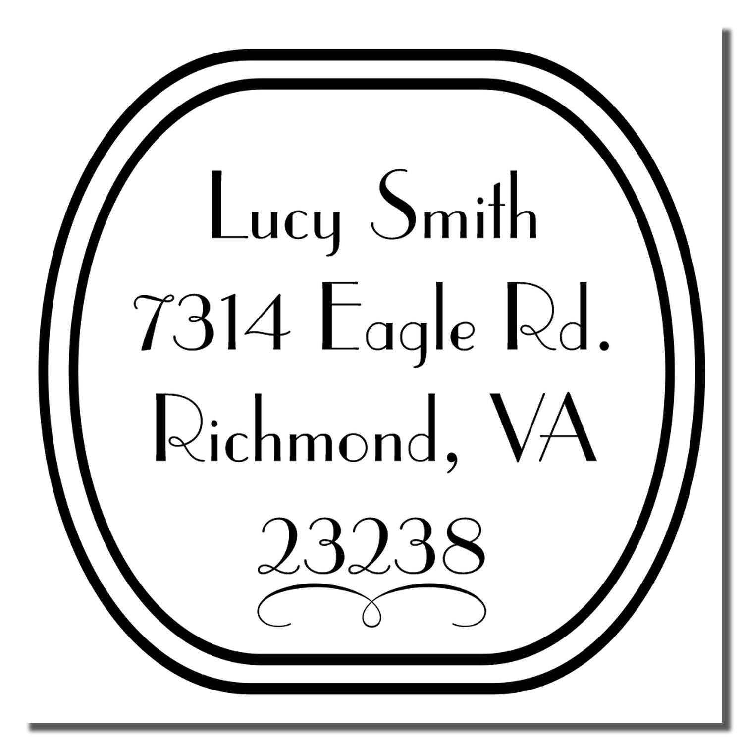 Custom address rubber stamp with Lucy Smith, 7314 Eagle Rd., Richmond, VA 23238.