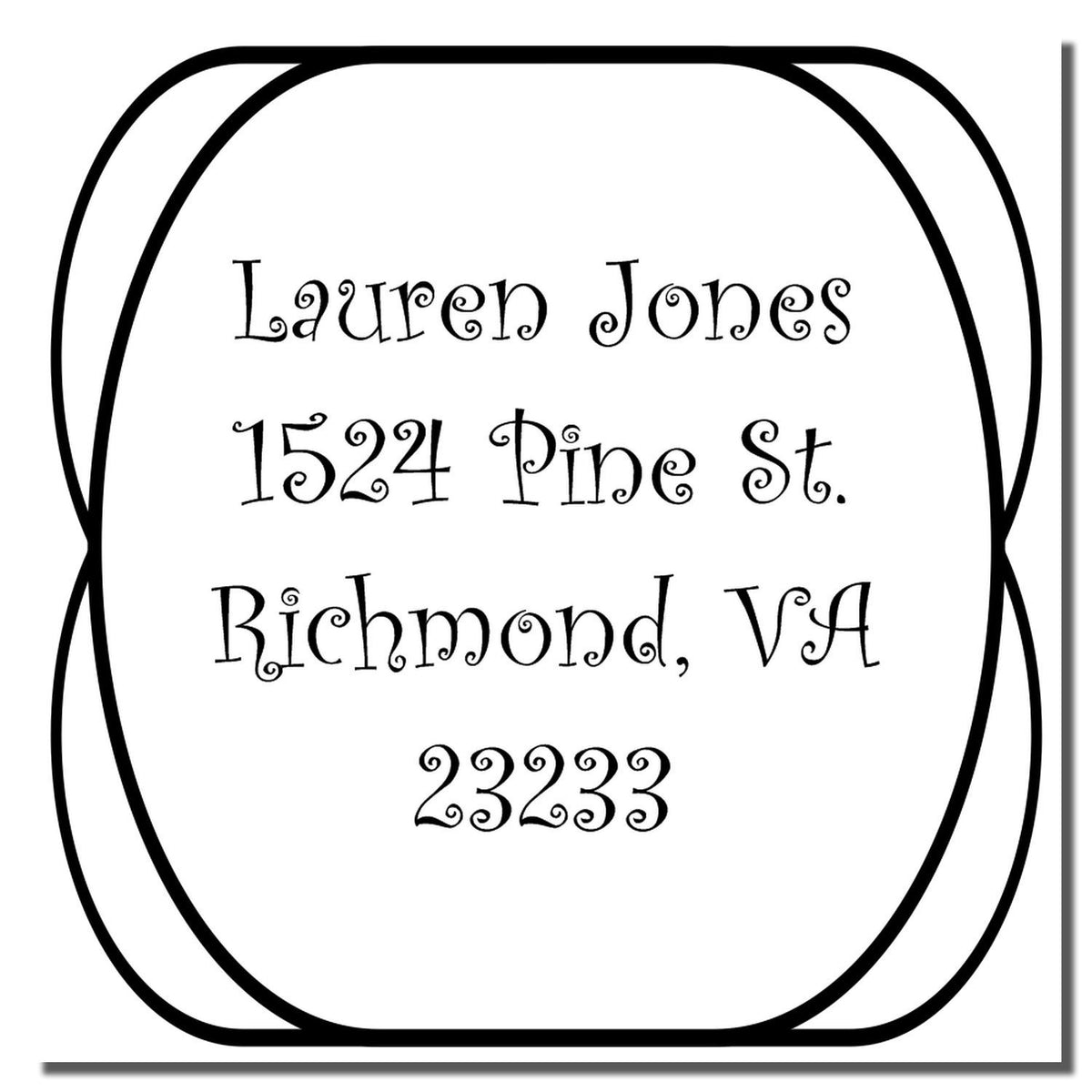 Custom return address rubber stamp for Lauren Jones, 1524 Pine St., Richmond, VA 23233, in decorative script.