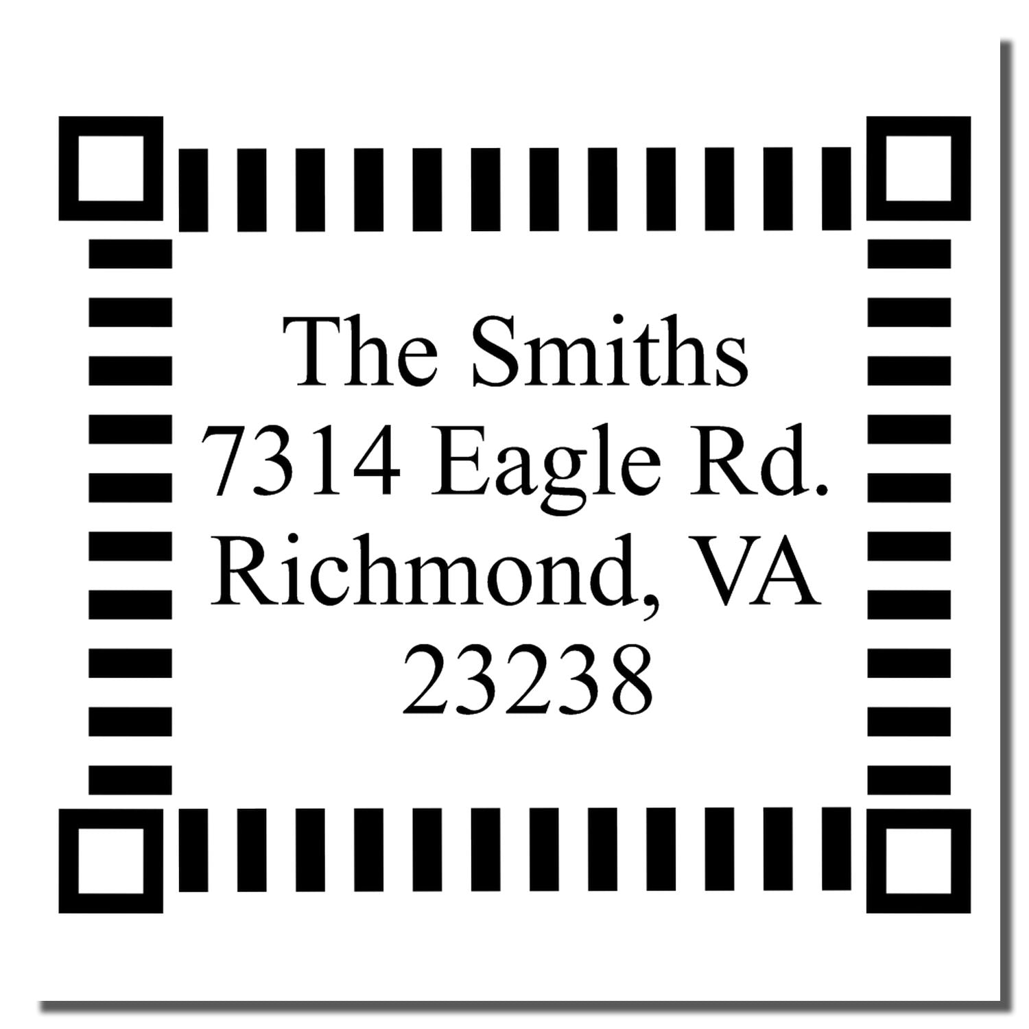 Address label for The Smiths: 7314 Eagle Rd, Richmond, VA 23238 with barcode-style border.