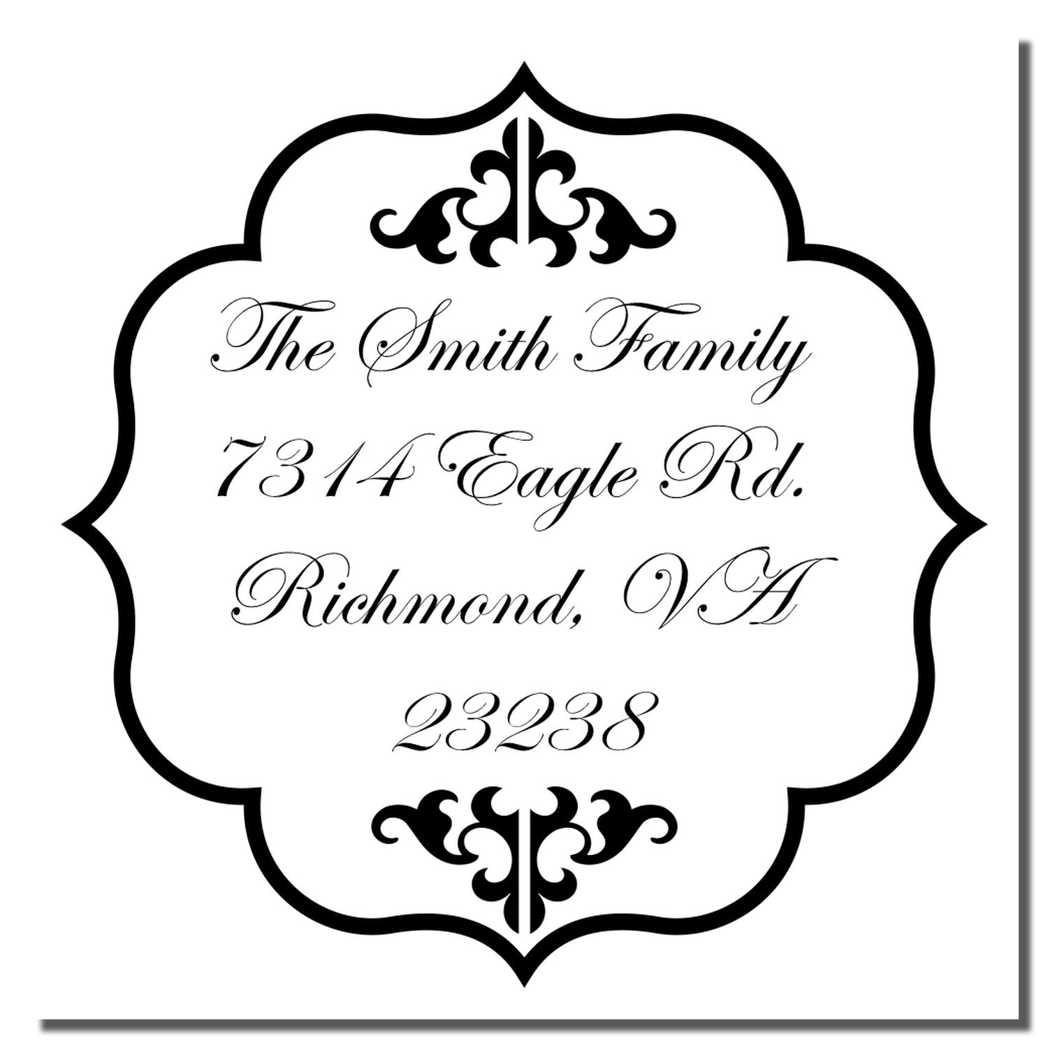 Personalized return address rubber stamp for The Smith Family, 7314 Eagle Rd., Richmond, VA 23238, with ornate black frame.
