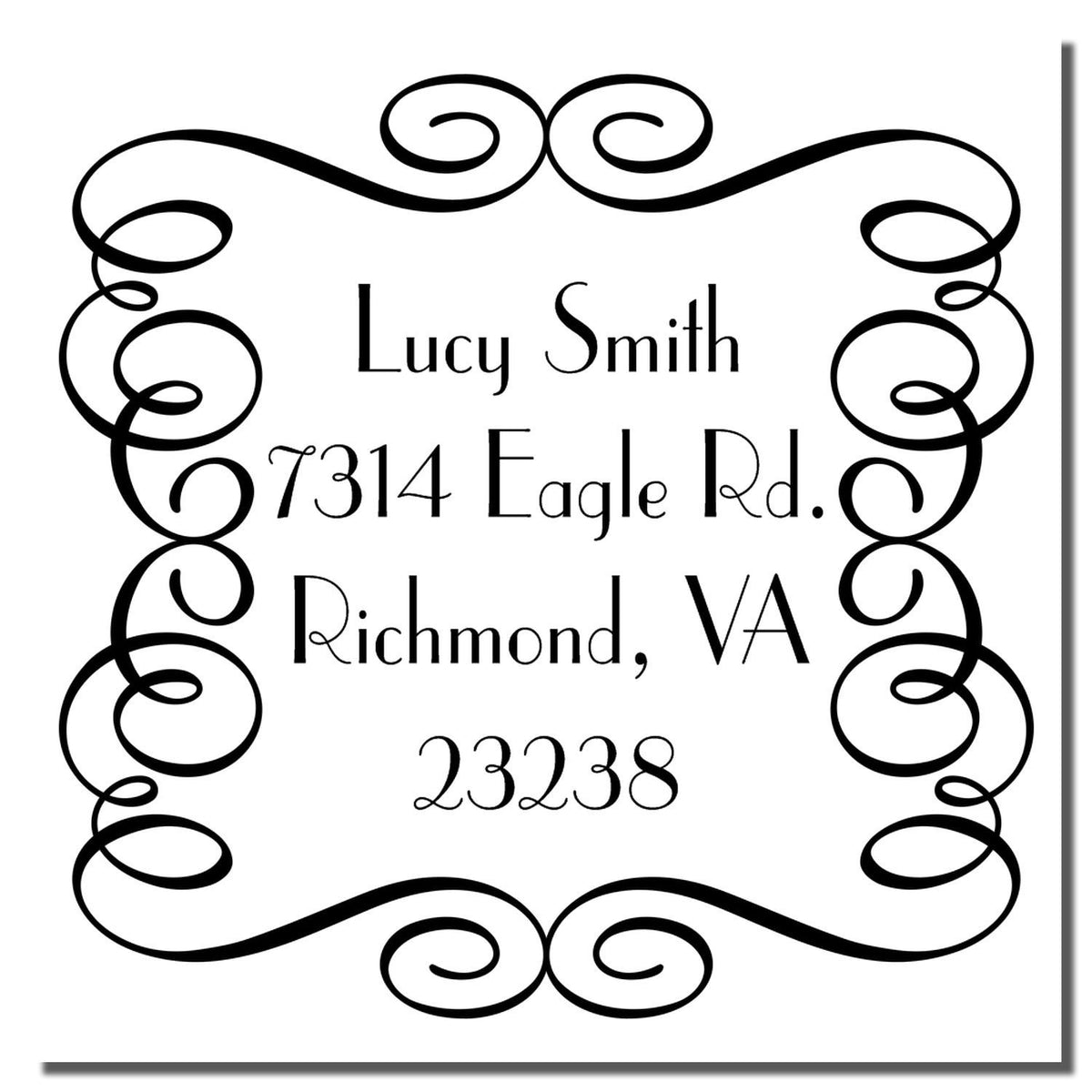 Decorative house label for Lucy Smith, 7314 Eagle Rd, Richmond, VA 23238, with ornate address frame design