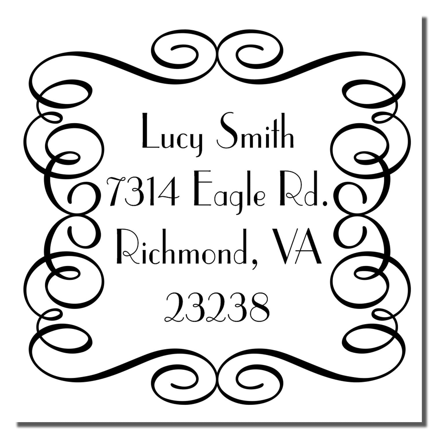 Custom return address rubber stamp with ornate border for Lucy Smith, 7314 Eagle Rd., Richmond, VA 23238