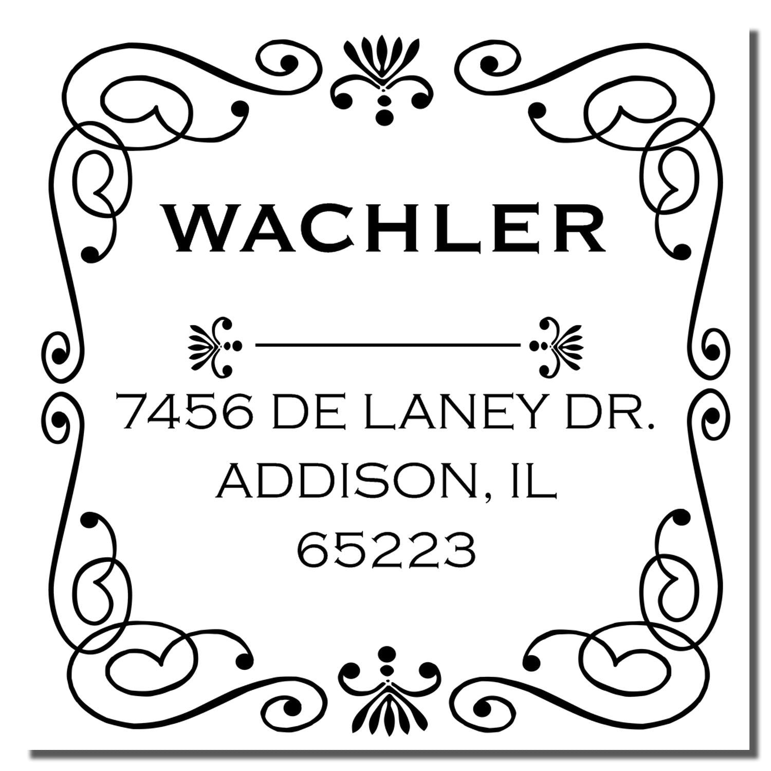 Personalized return address rubber stamp with ornate frame, Wachler name, and 7456 De Laney Dr., Addison, IL 65223