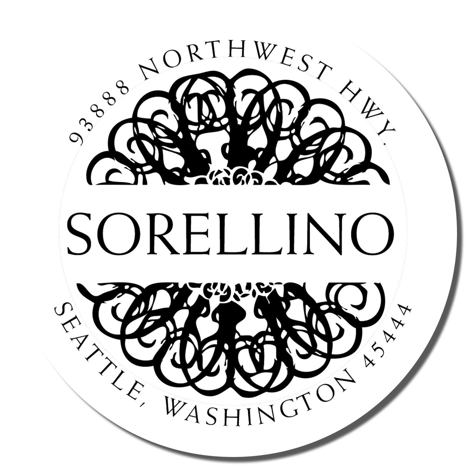 Custom round rubber return address stamp for Sorellino, 9388 Northwest Hwy, Seattle, WA, with ornate monogram.