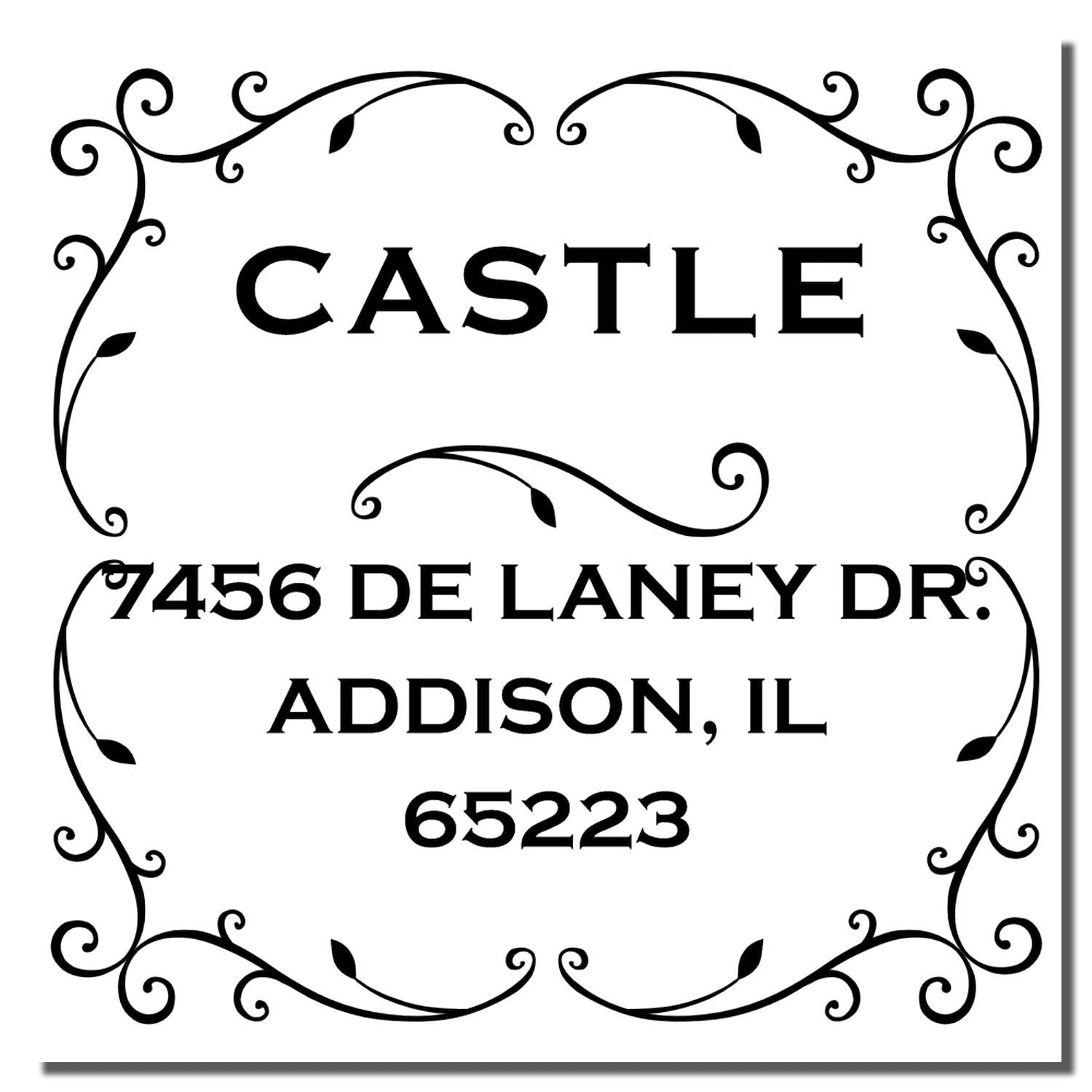 Custom decorative address rubber stamp with Castle family name, 7456 De Laney Dr., Addison, IL 65223.