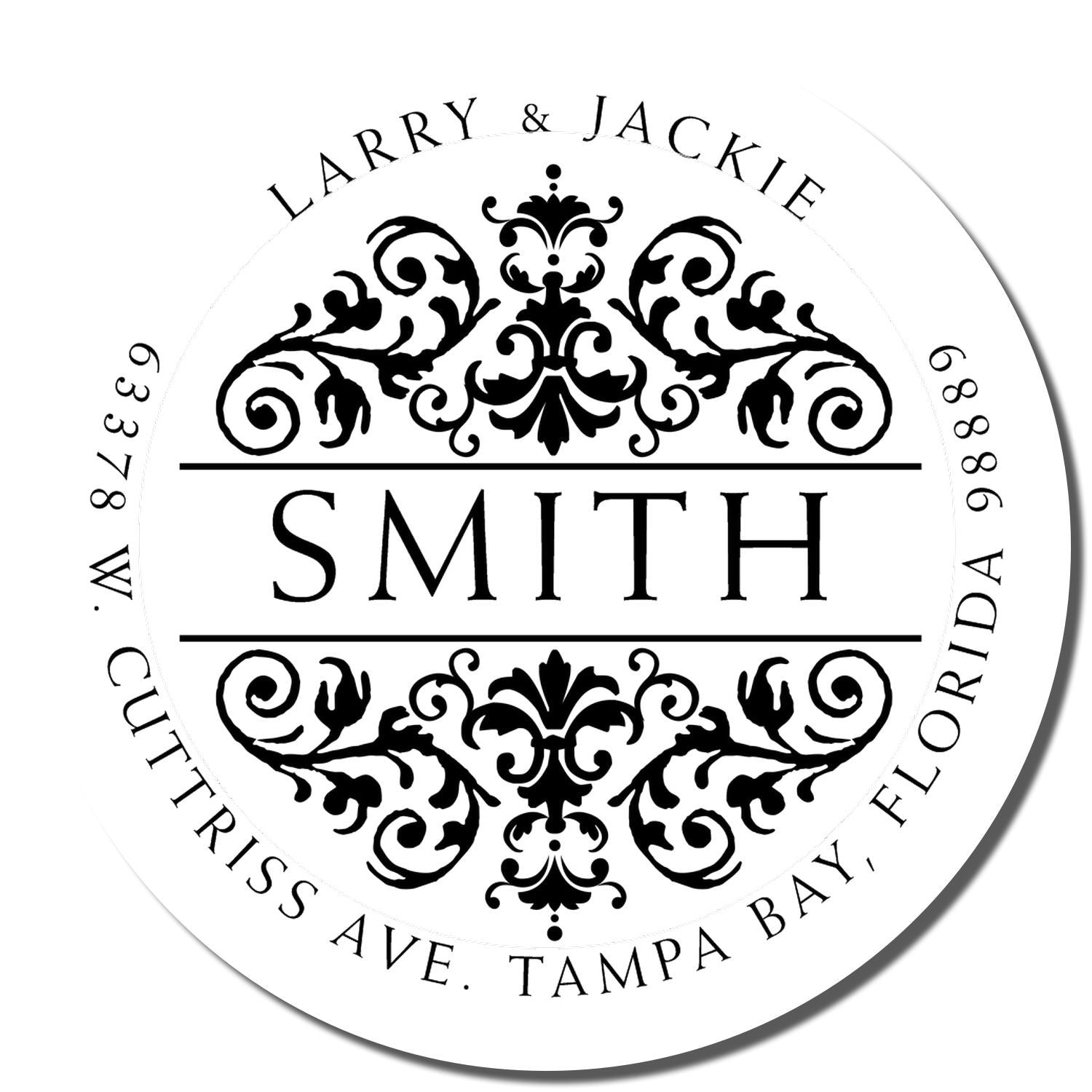 Personalized wedding return address rubber stamp with ornate monogram for Larry and Jackie Smith, Tampa Bay, Florida.