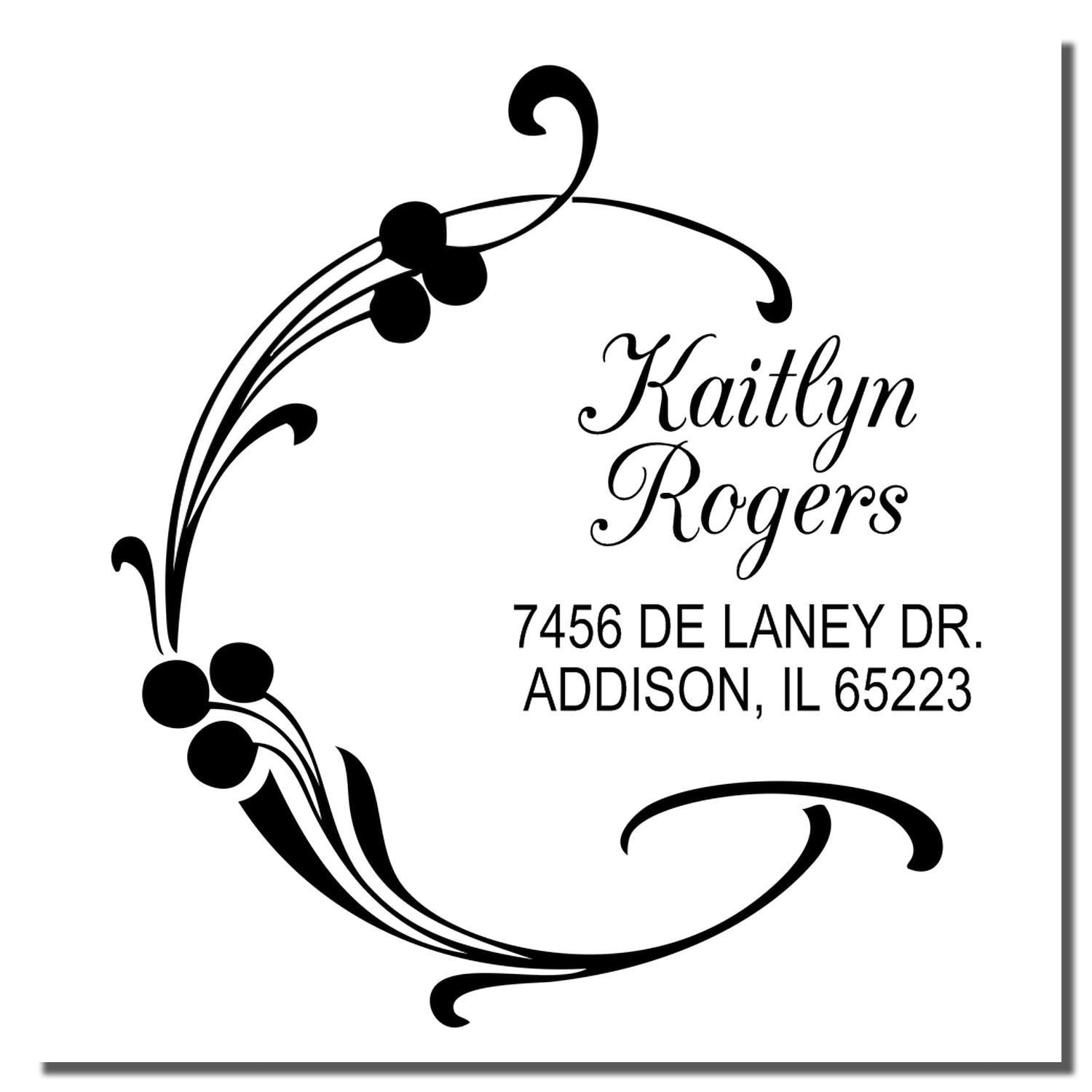 Personalized rubber address stamp for Kaitlyn Rogers with decorative floral monogram and Addison, IL return address.