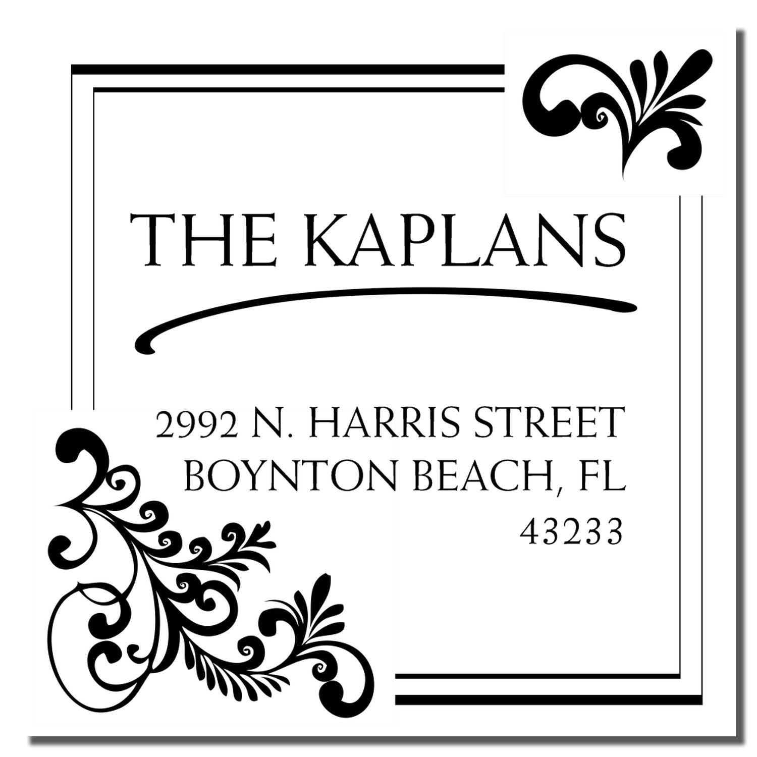 Custom family return address rubber stamp for The Kaplans, 2992 N. Harris Street, Boynton Beach, FL 43233