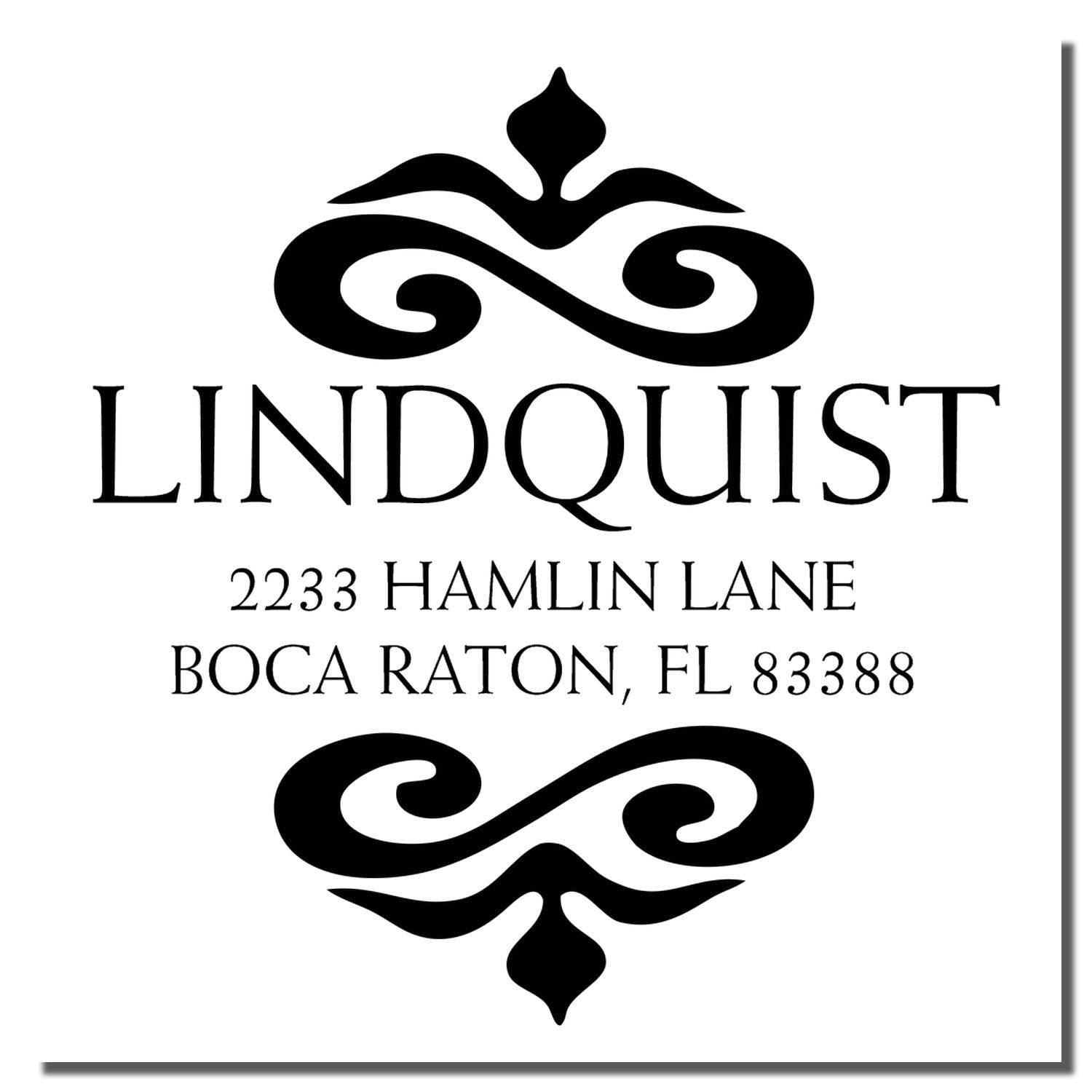 Custom Lindquist return address rubber stamp with decorative flourish, 2233 Hamlin Lane, Boca Raton, FL 83388