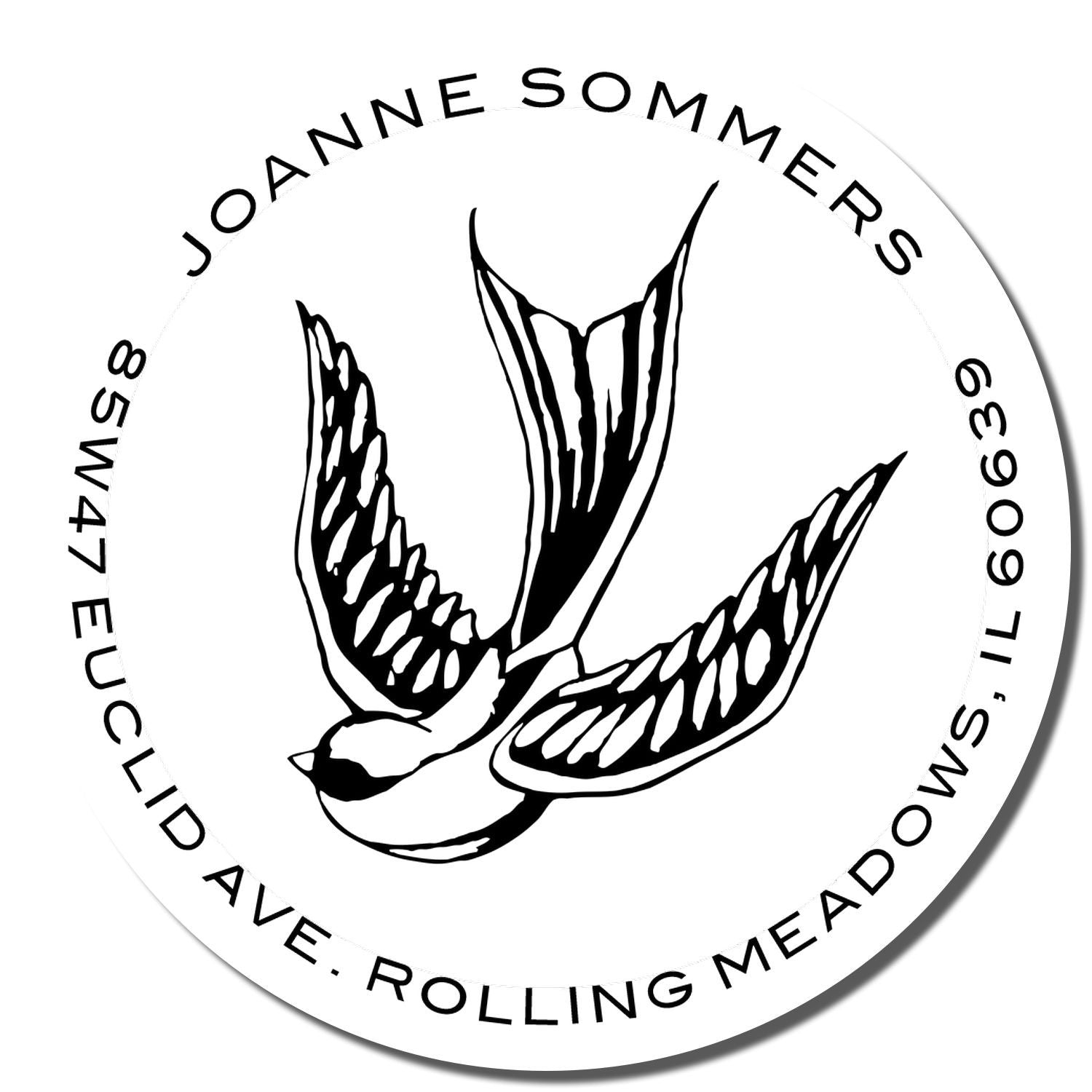 Custom round rubber stamp featuring a swallow bird logo and Joanne Sommers return address for branding.