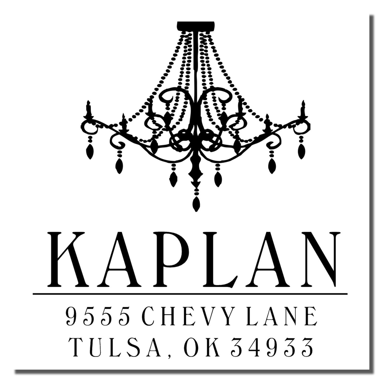 Kaplan decorative chandelier logo for business contact details on print flyer, showing 9555 Chevy Lane, Tulsa, Oklahoma 34933.