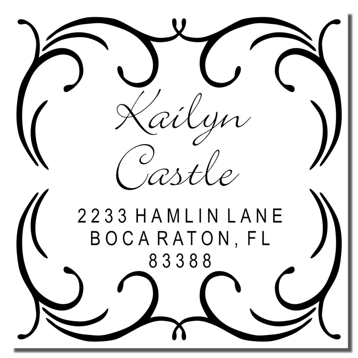 Custom return address rubber stamp with ornate border, Kailyn Castle, 2233 Hamlin Lane, Boca Raton, FL 83388.