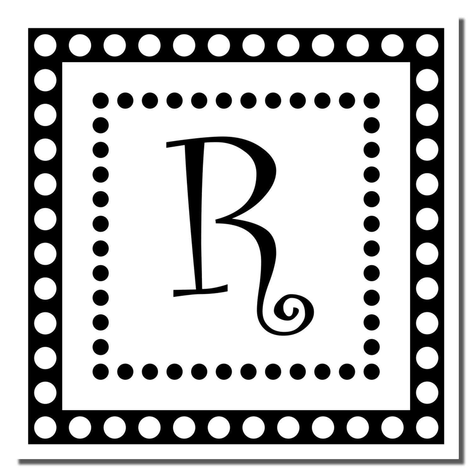 Decorative monogram R rubber stamp with dotted square border, ideal for custom branding and personalized stationery.