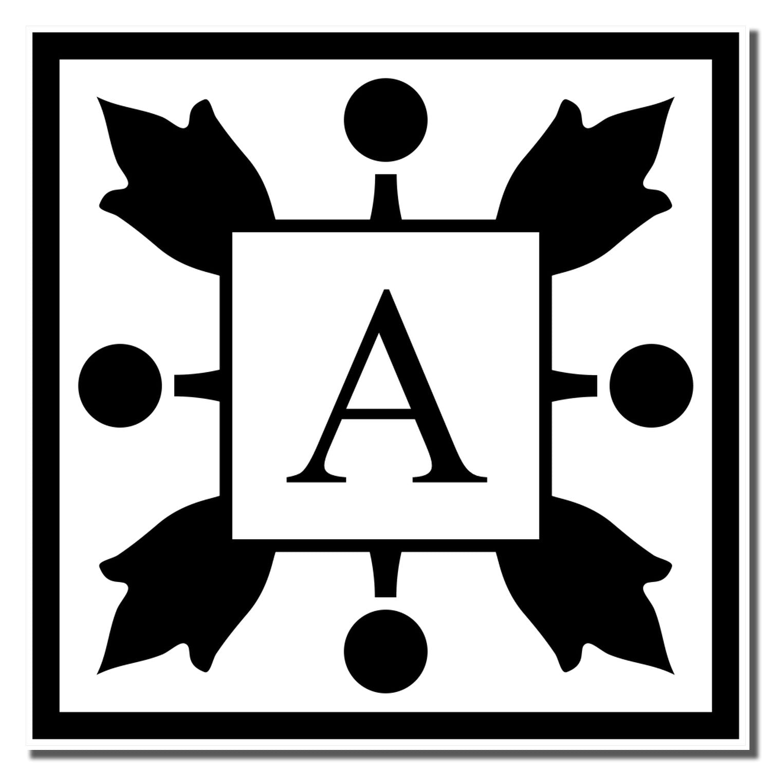 Decorative letter A monogram rubber stamp design with floral accents and border, ideal for personalized branding.