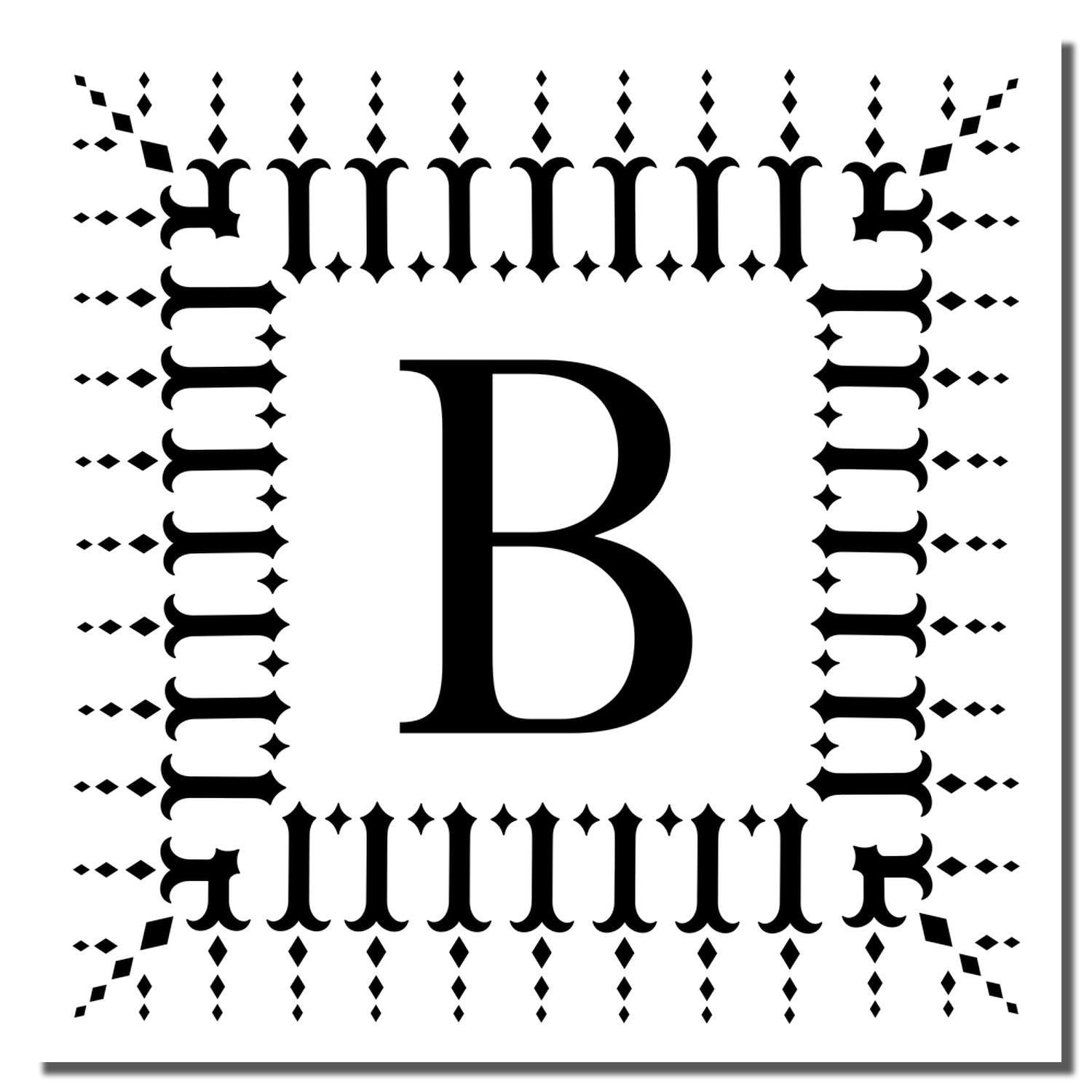 Ornate monogram B rubber stamp design with decorative vintage border, ideal for custom stationery, branding, and gift packaging.