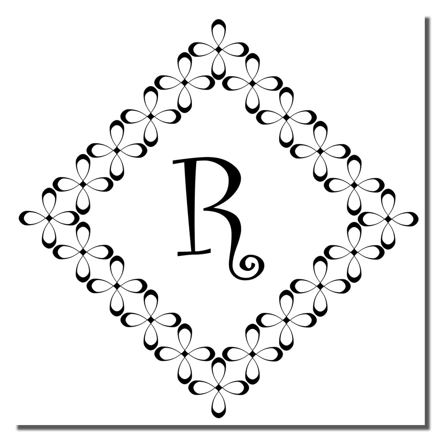 Decorative letter R monogram rubber stamp with ornate floral border for custom stationery, invitations, and branding.