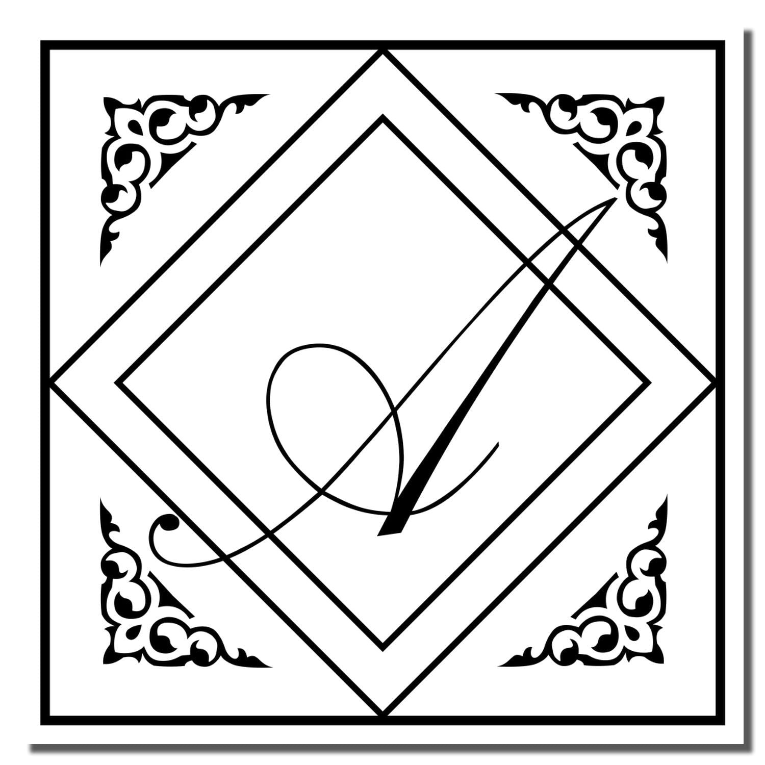 Ornate monogram rubber stamp design with decorative corner flourishes, diamond frame, and elegant script initial.