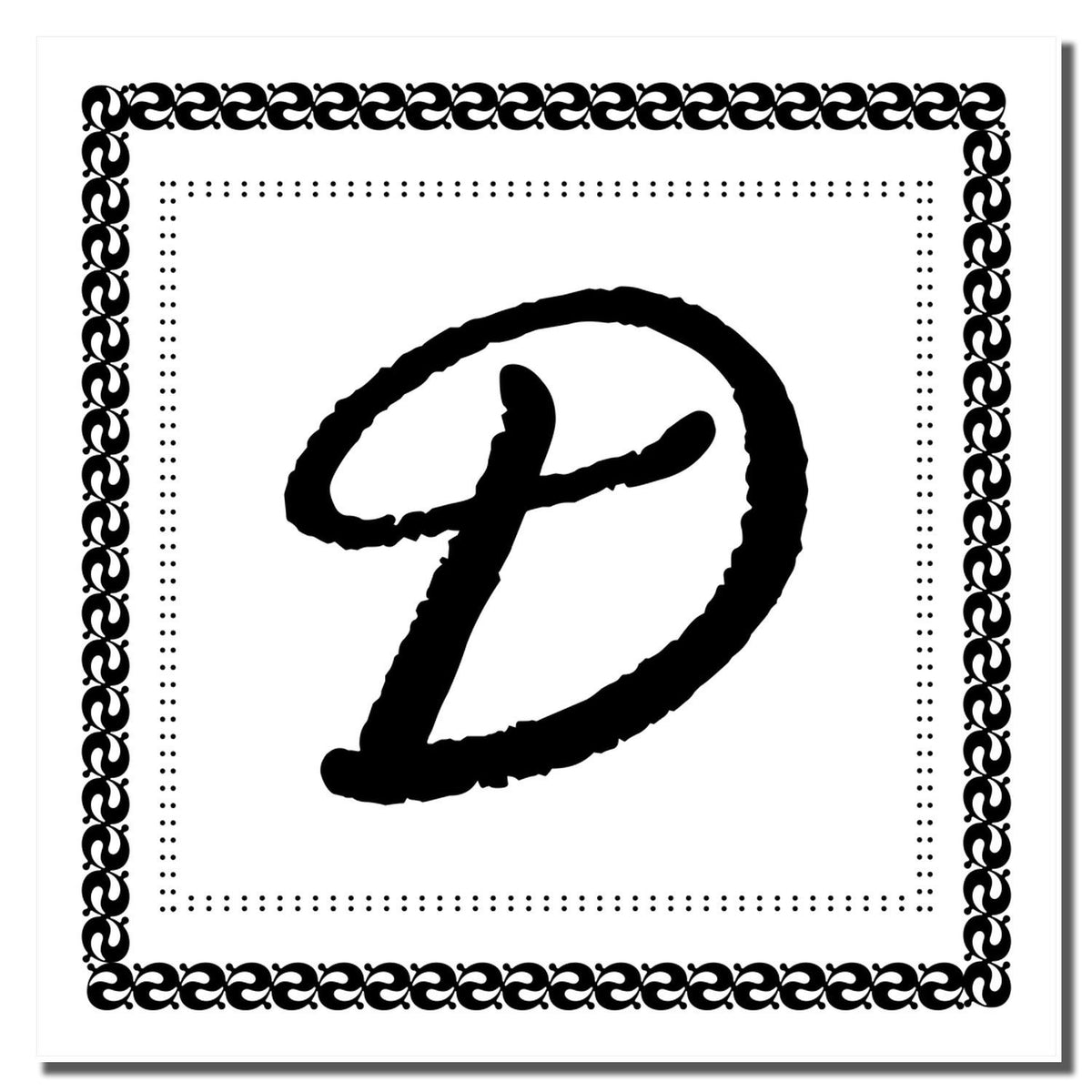 Decorative letter D rubber stamp with ornate chain border and dotted frame, ideal for monograms and craft projects