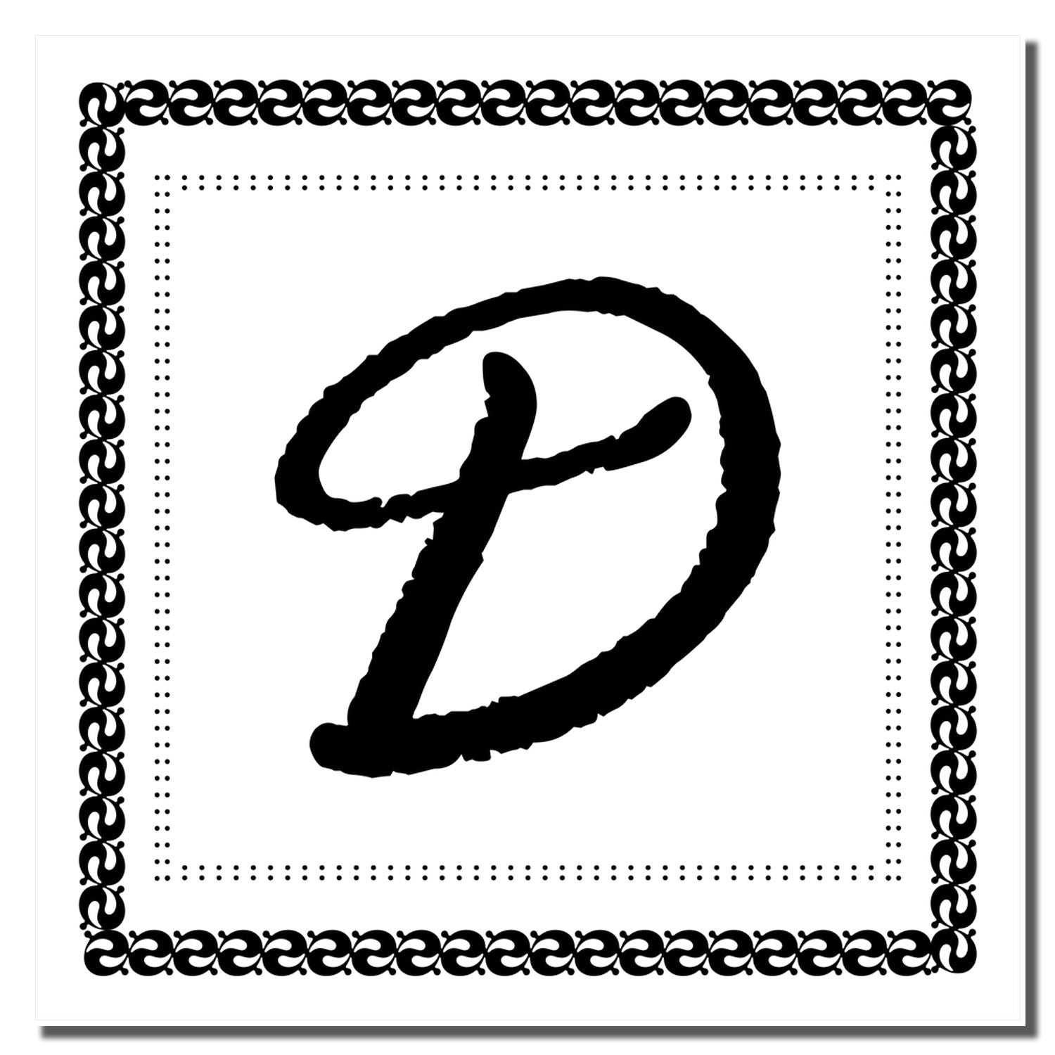 Decorative letter D rubber stamp with ornate square border for monograms, invitations, and craft projects.