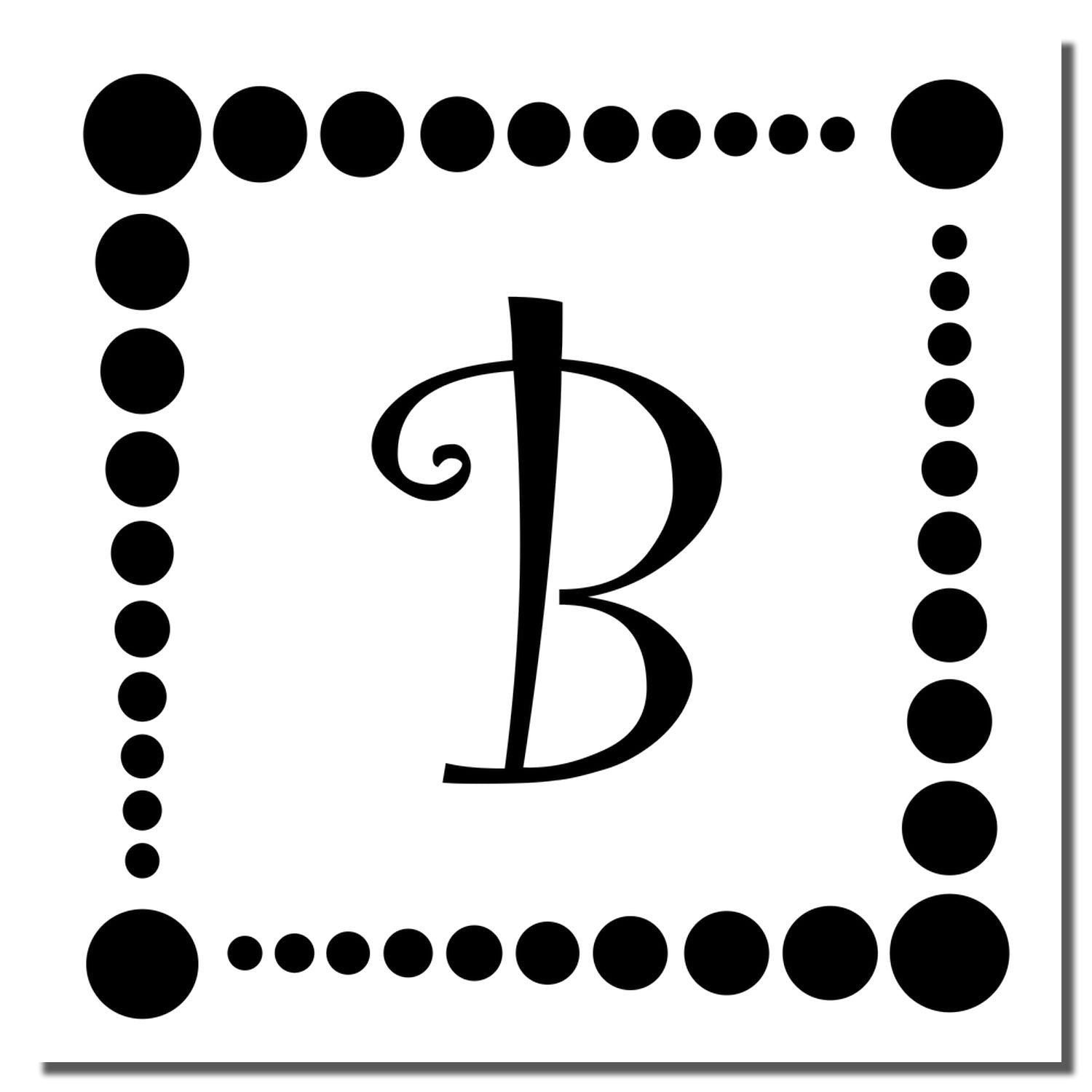 Decorative letter B rubber stamp design with dotted square border for monogram, crafting, and personalized stationery.