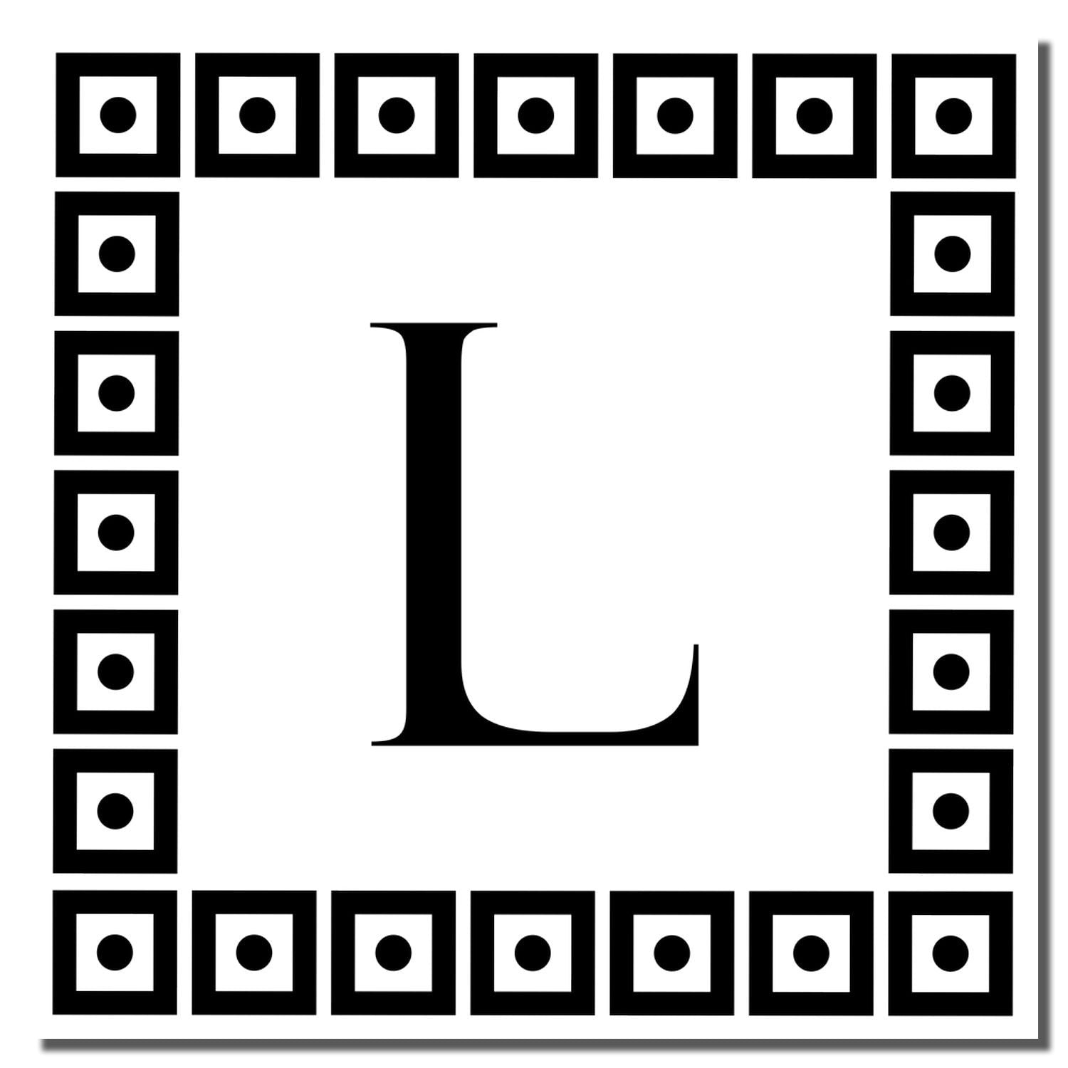 Custom rubber stamp monogram with letter L framed by a square dot border.