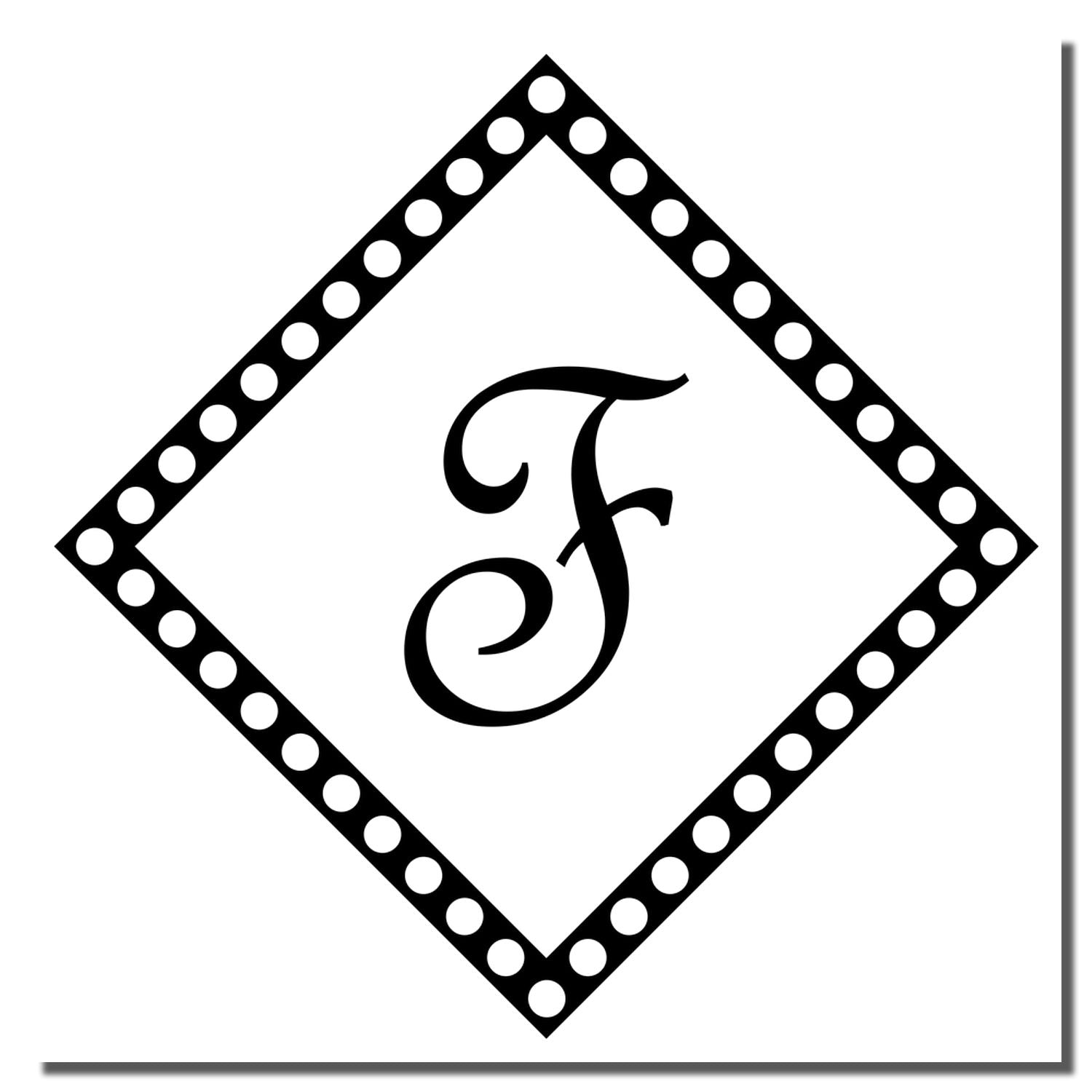 Custom monogram rubber stamp with letter F in a decorative dotted diamond frame
